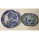A Chinese export blue and white export platter, 37cm long, along with a blue and white charger