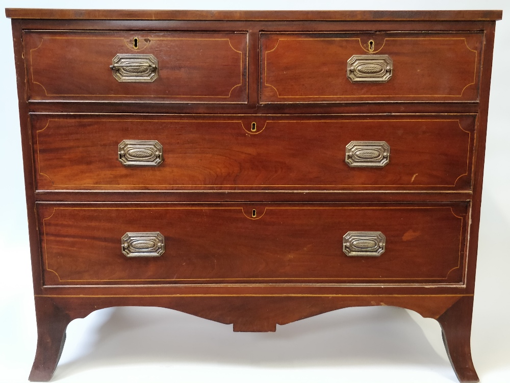 A 19th century mahogany chest of drawers with original drop handles on bracket feet, 84cm high,