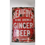 A original enamel sign, Beaufoy's home brewed ginger beer, South Lambert 76cm high, 49cm long