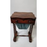 A Victorian rosewood sewing table, with single fitted drawer, barley twist leg, 78cm high, 53cm