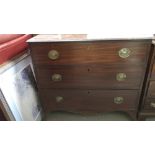 A 19th century mahogany chest of drawers, of three long, with original oval brass handles, 81cm