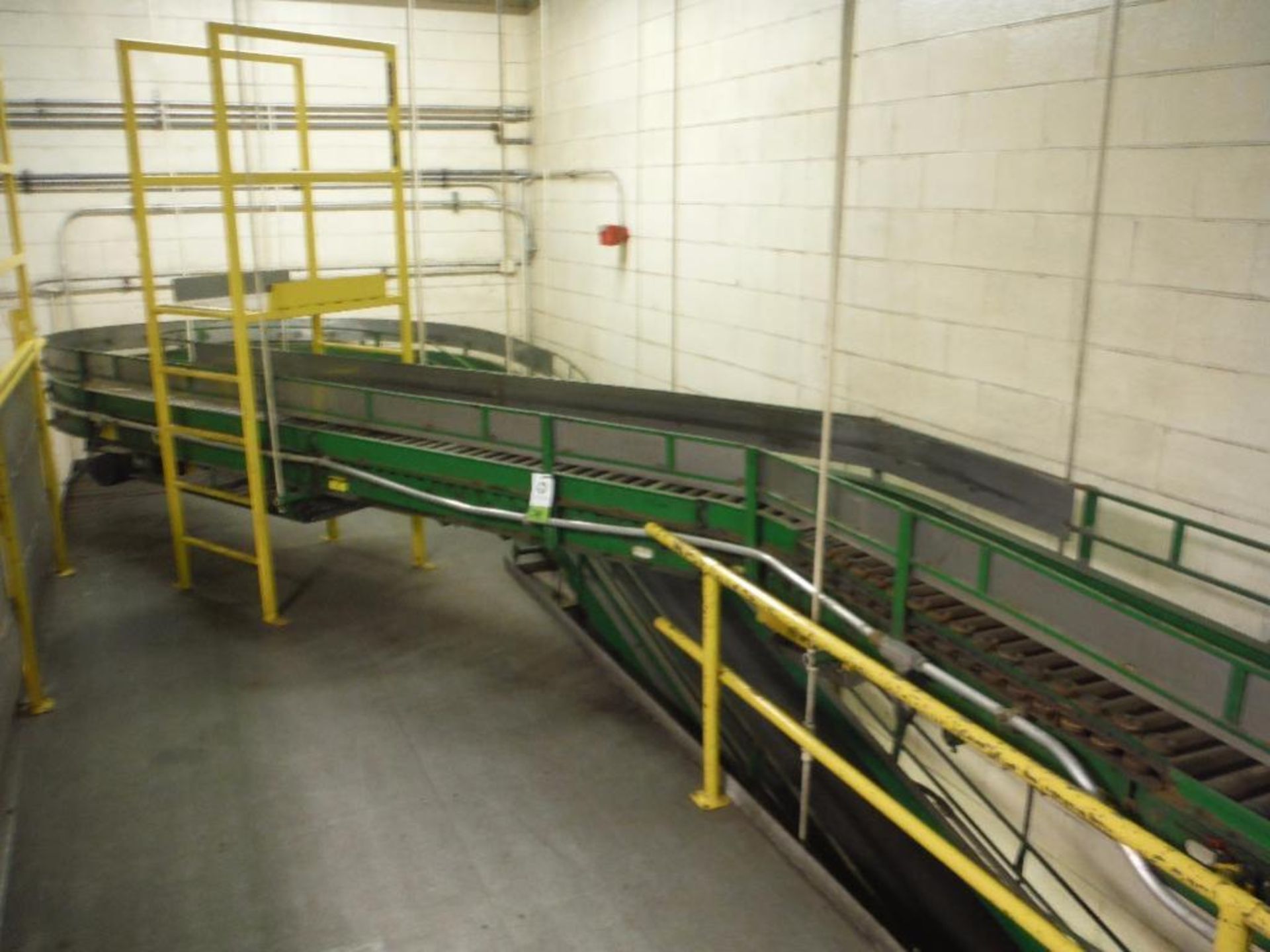 Uniflo 180 degree powered roller conveyor, overall 22 ft. long x 10 ft. wide, 18 in. wide rollers,