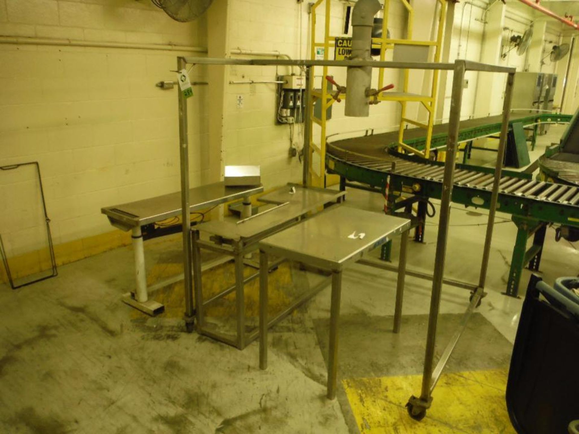 (3) SS packoff tables, assorted sizes, SS frame for filling on casters ** Rigging Fee: $25 **