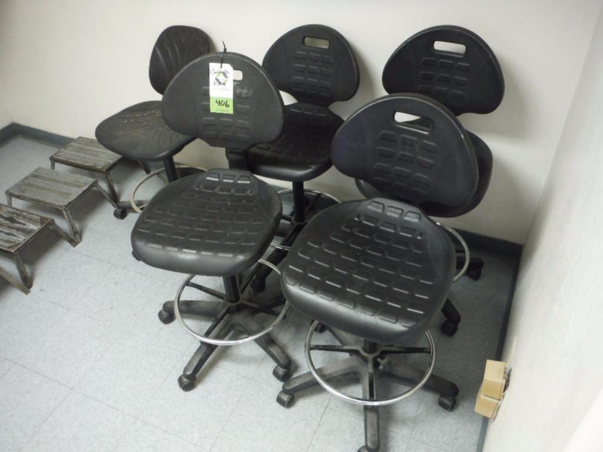 Contents of hallway, office supplies, (4) OSHA approved production chairs, (4) step stools **