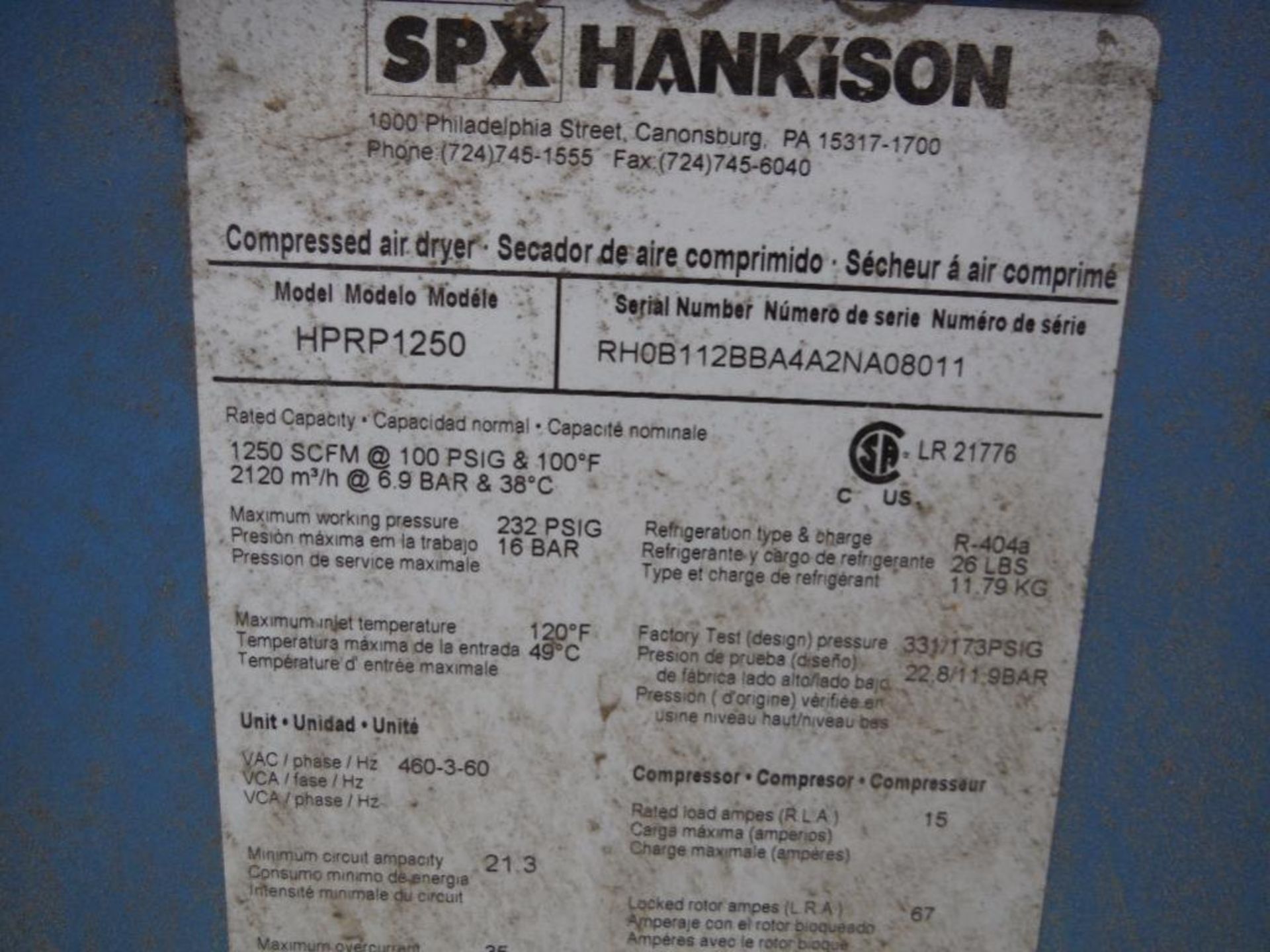SPX Hankinson air dryer, Model HPRP1250, SN RH0B112BBA4A2NA08011, 1250 scfm @100 psig & 100 F, 15, - Image 5 of 5