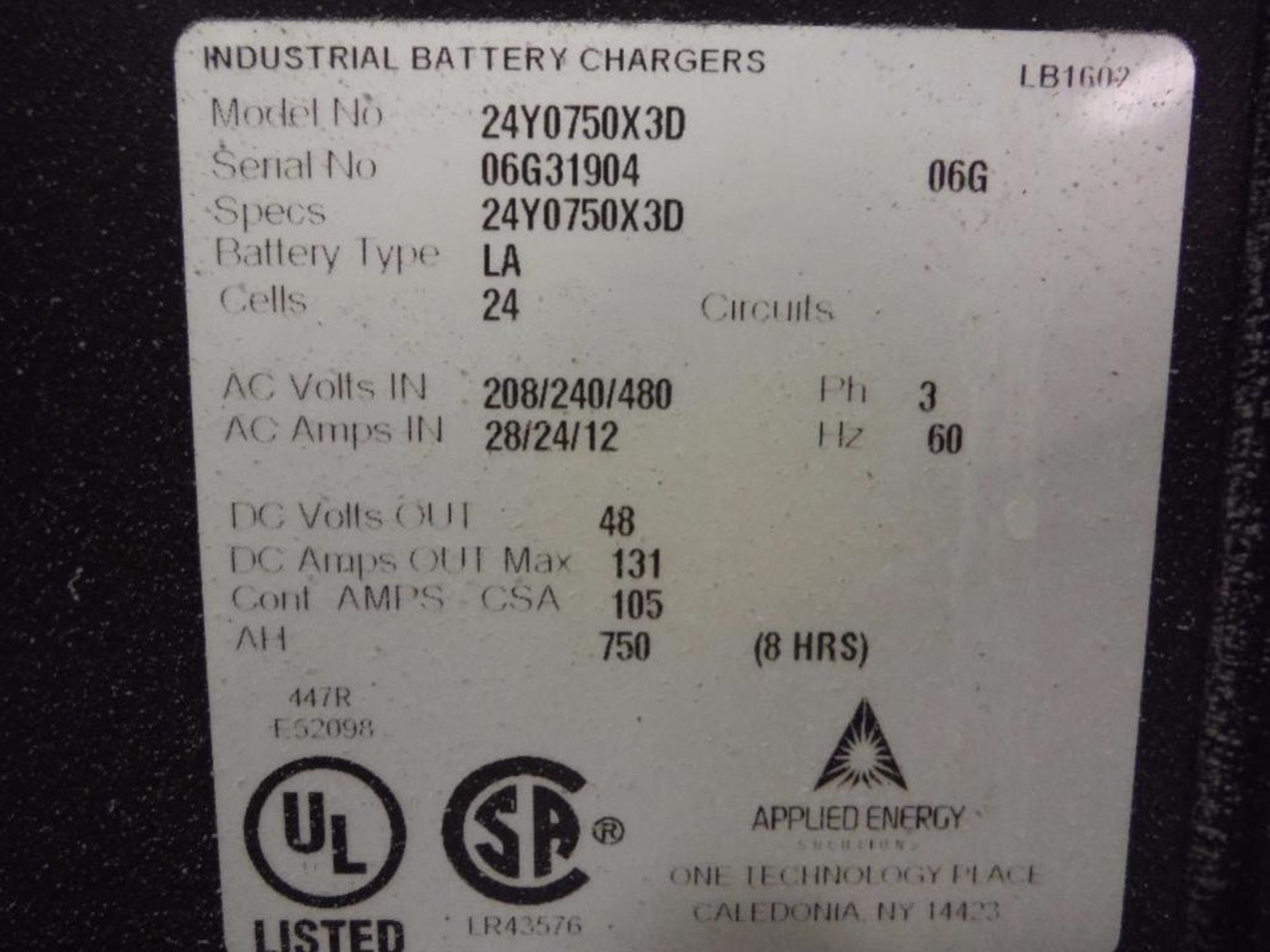 Workhorse 48 volt battery charger, Model 24Y0750X30, out of service ** Rigging Fee: $25 ** - Image 4 of 5