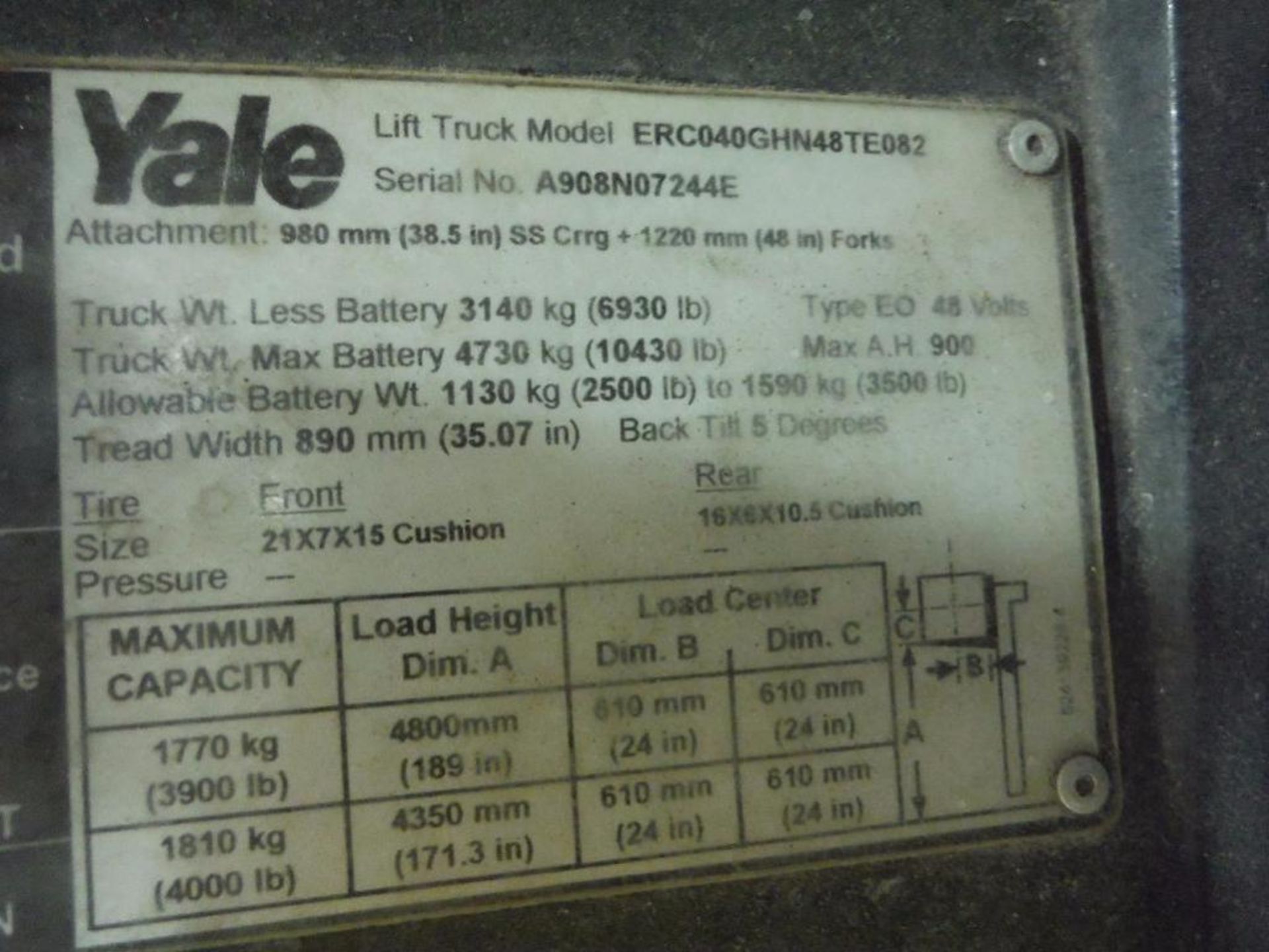Yale 48 volt forklift, Model ERC040GHN48SE082, SN 4908N07244E, 3900 lb. capacity, 189 in. lift - Image 7 of 10