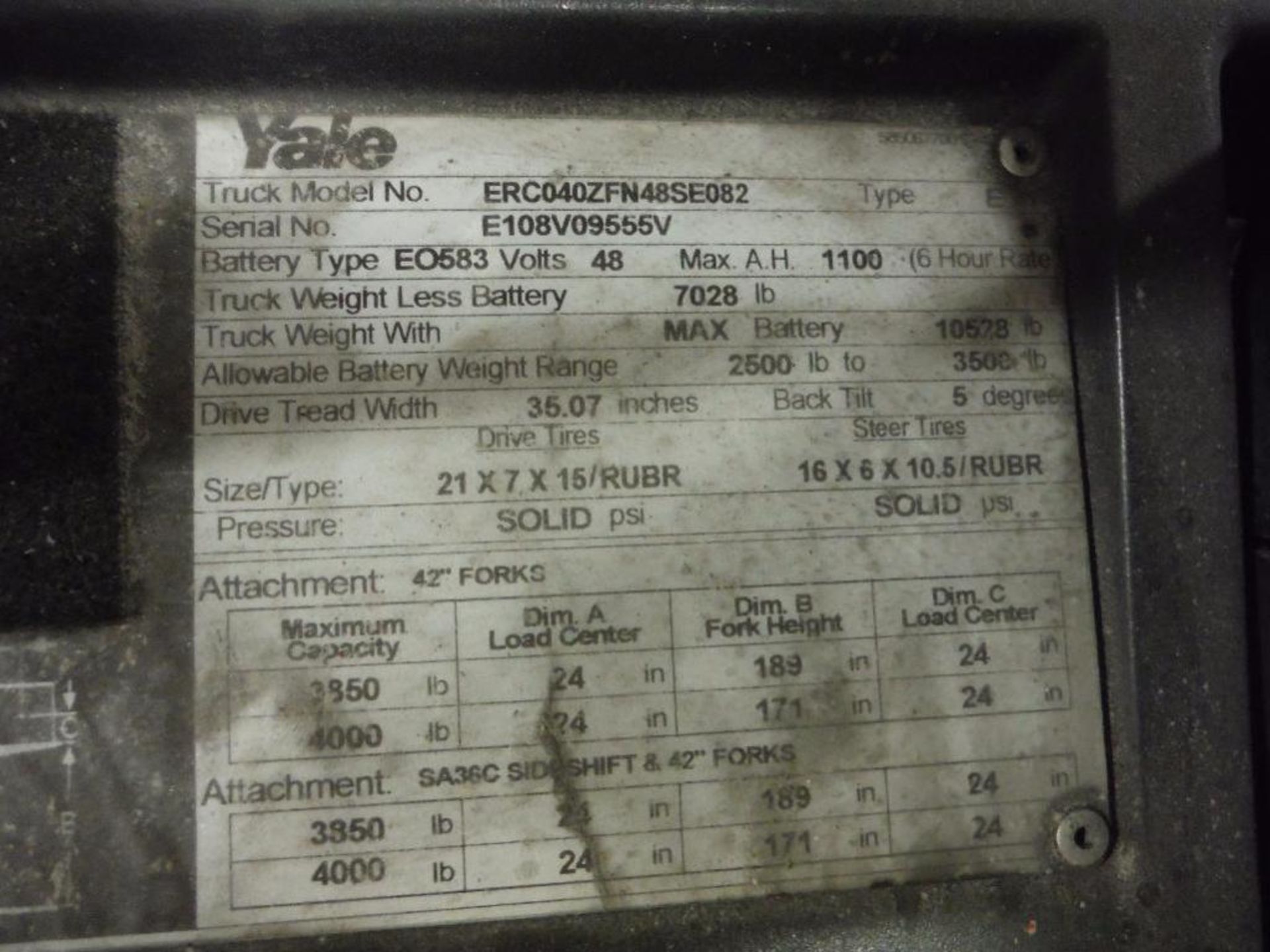 Yale 48 volt forklift, Model ERC040GHN48SE082, SN E108V09555, 4000 lb. capacity, 189 in. lift - Image 6 of 9