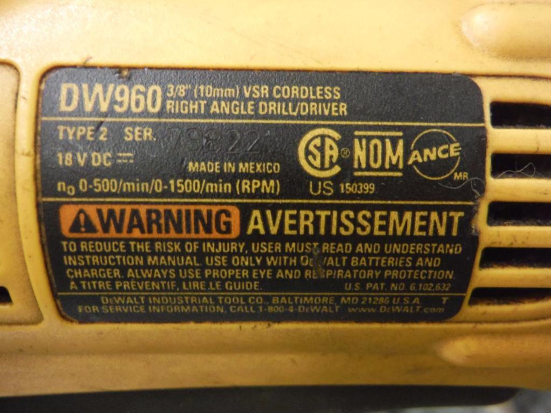 Dewalt 18 volt angle drill, battery, battery charger, case ** Rigging Fee: $5 ** - Image 3 of 3