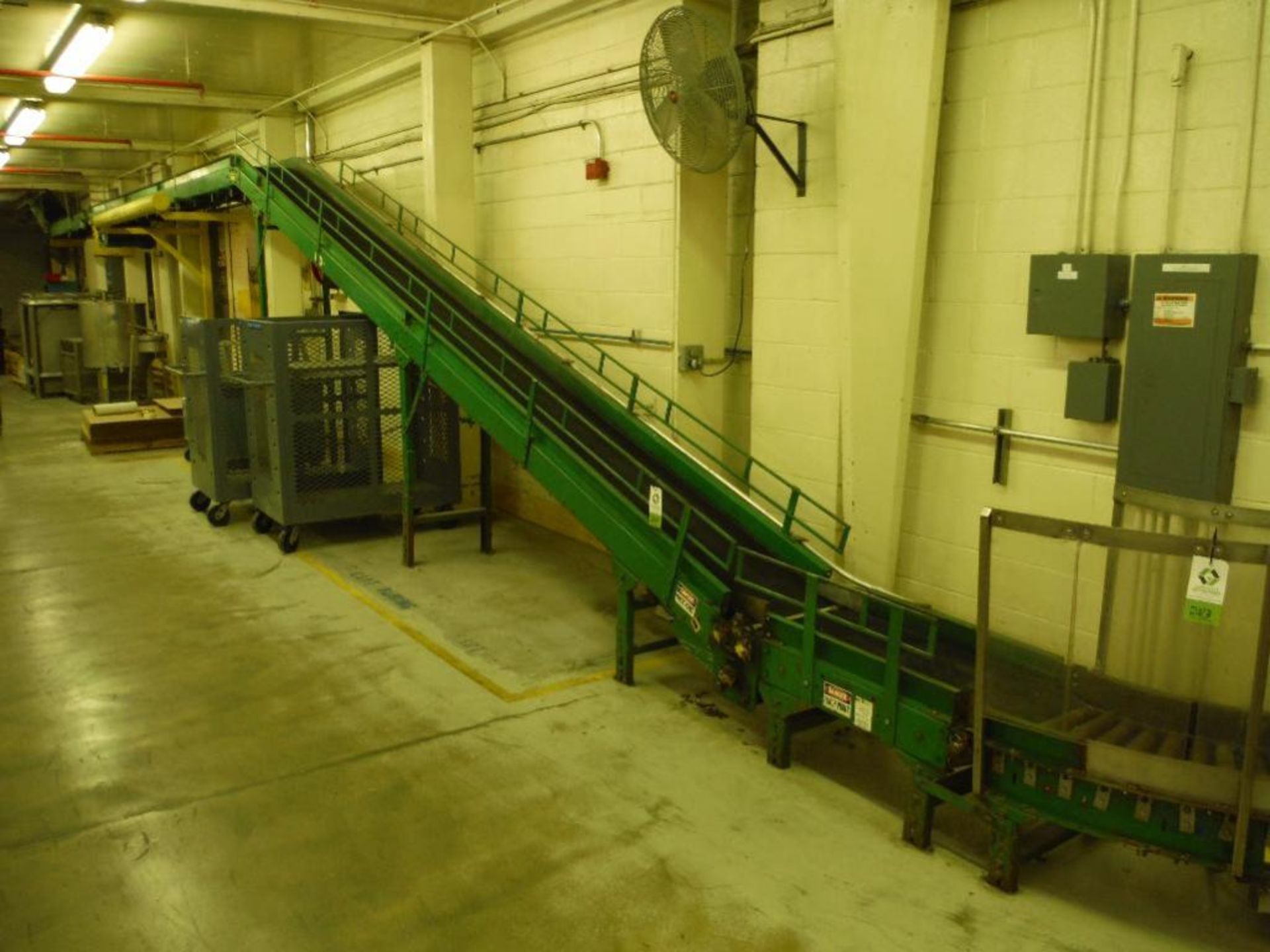 Uniflo rubber belt conveyor with incline, 48 ft. long x 18 in. wide x 18 in. infeed x 102 in.