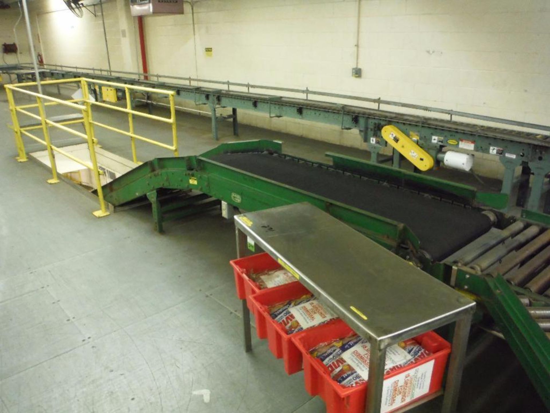 Uniflo decline rubber belt conveyor, 24 ft. long x 24 in. wide, motor and drive, mild steel frame,