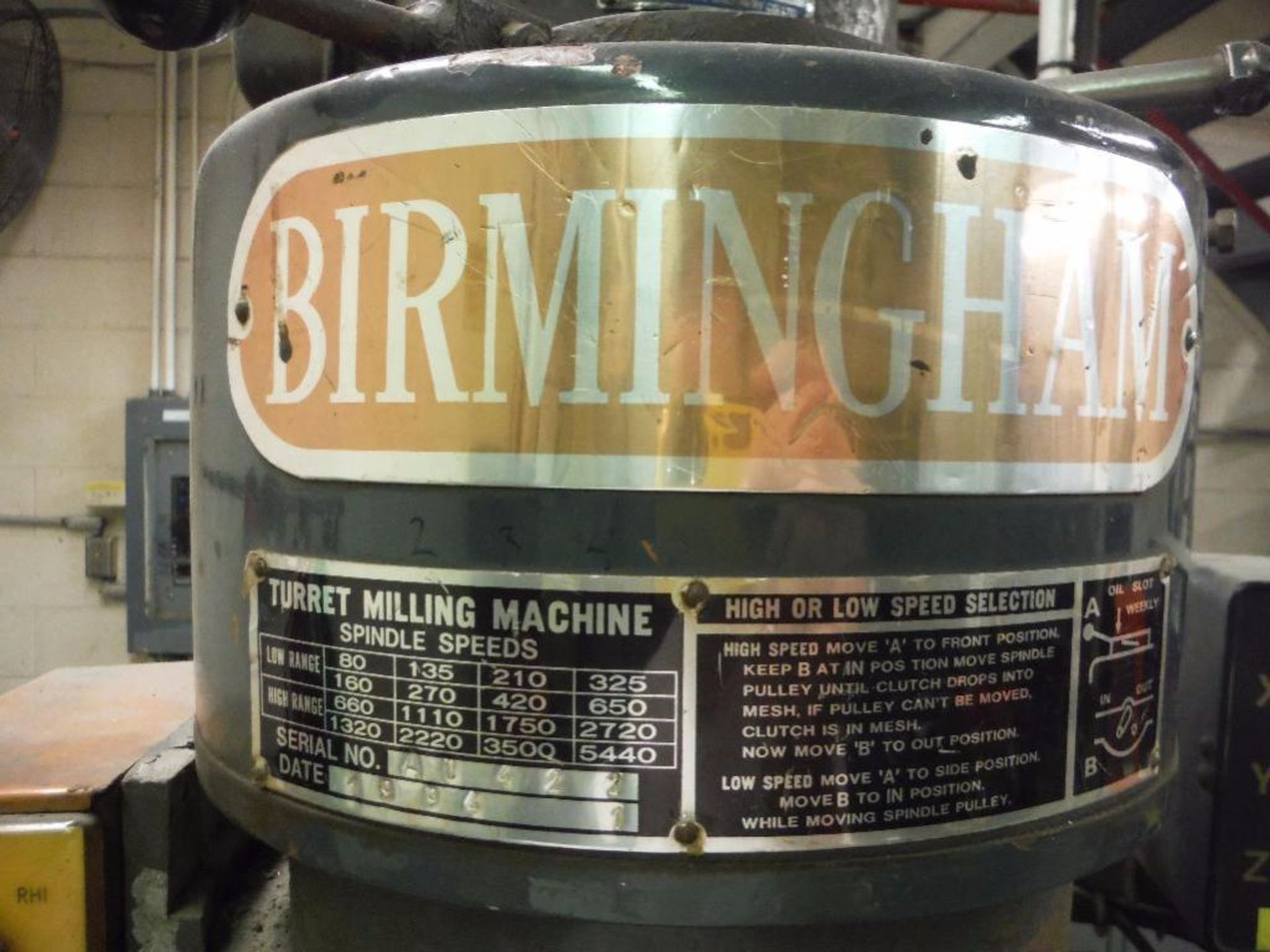 1994 Birmingham turret milling machine, SN A1422 ** Rigging Fee: $400 ** - Image 7 of 7