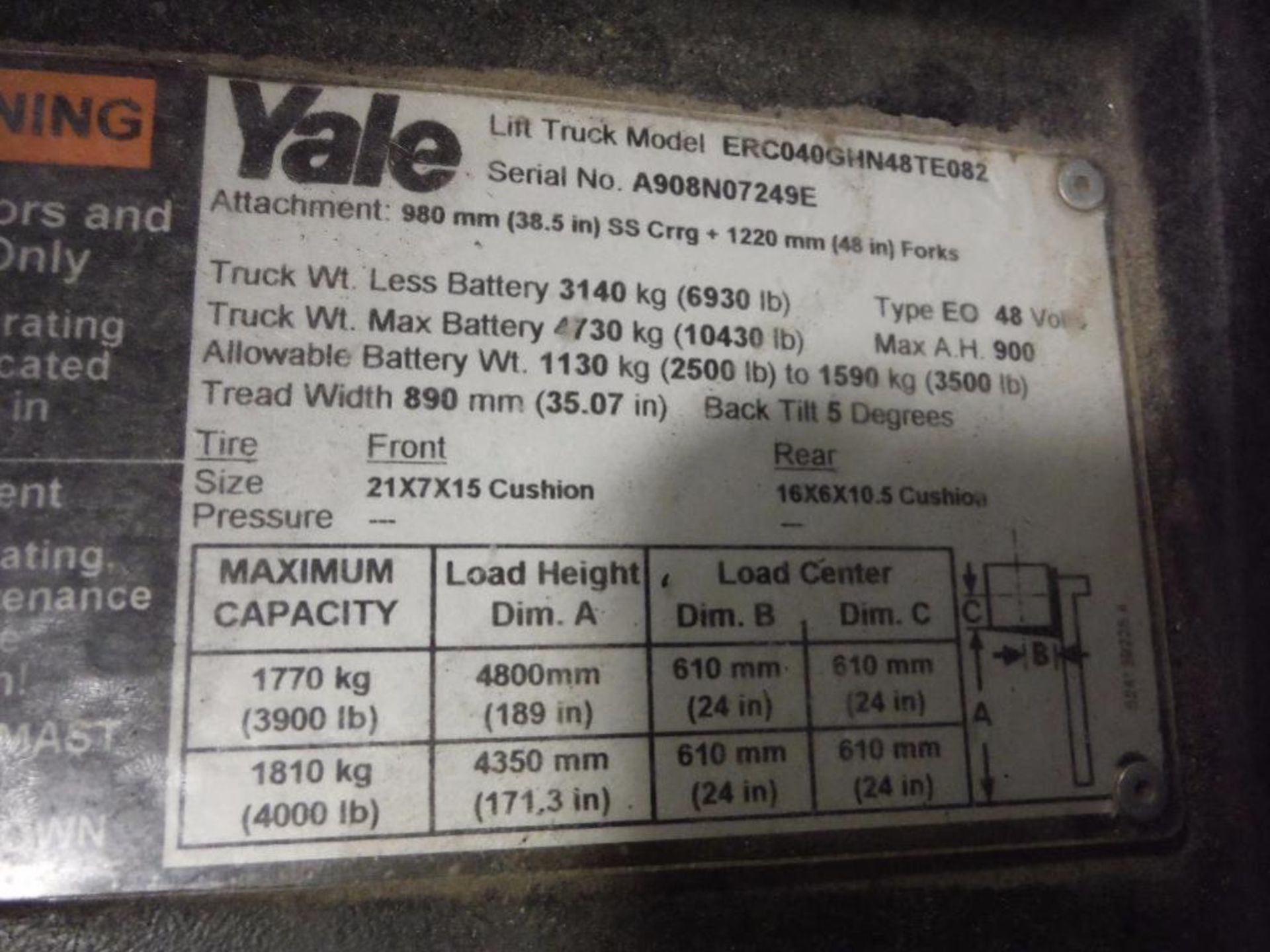 Yale 48 volt forklift, Model ERC040GHN48SE082, SN A908N07249E, 3900 lb. capacity, 189 in. lift - Image 6 of 7
