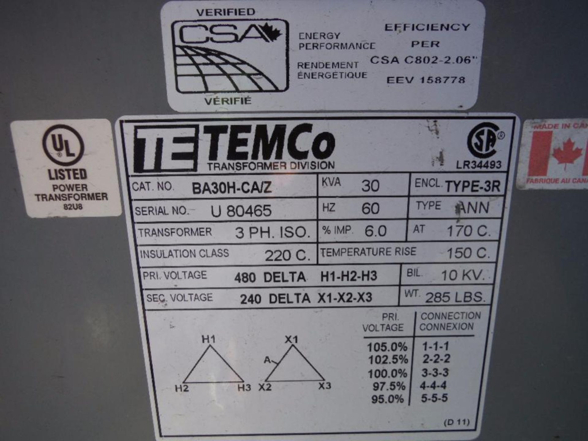 Temco dry type transformer, 30 kva, 480 volt to 240 volt ** Rigging Fee: $25 ** - Image 3 of 4