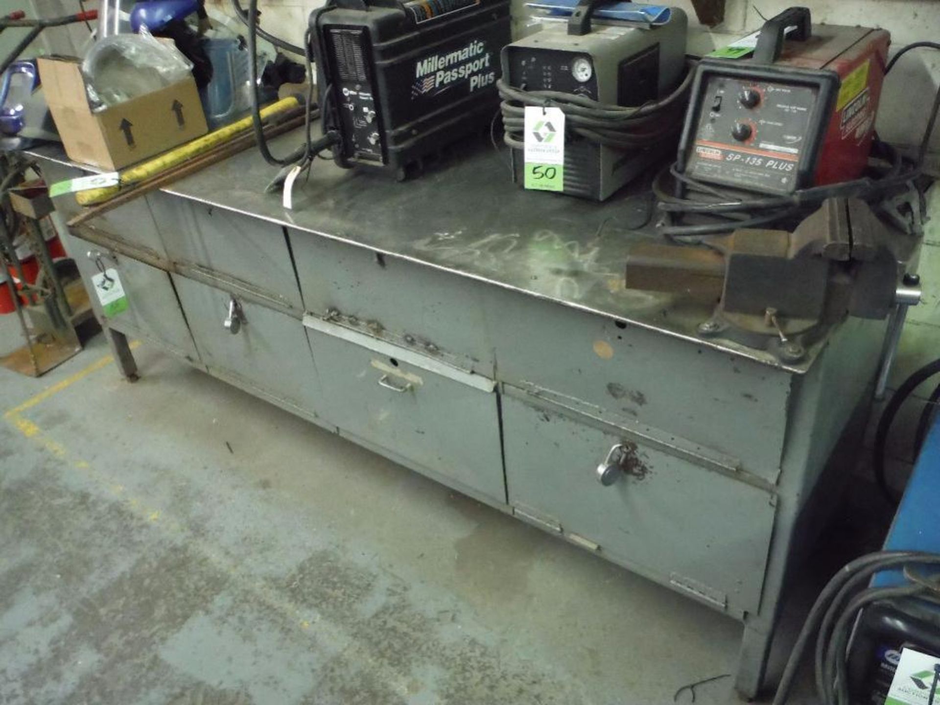 Steel work bench, 96 in. long x 32 in. wide x 37 in. tall, with vice, SS top, 8 storage compartments - Image 3 of 3