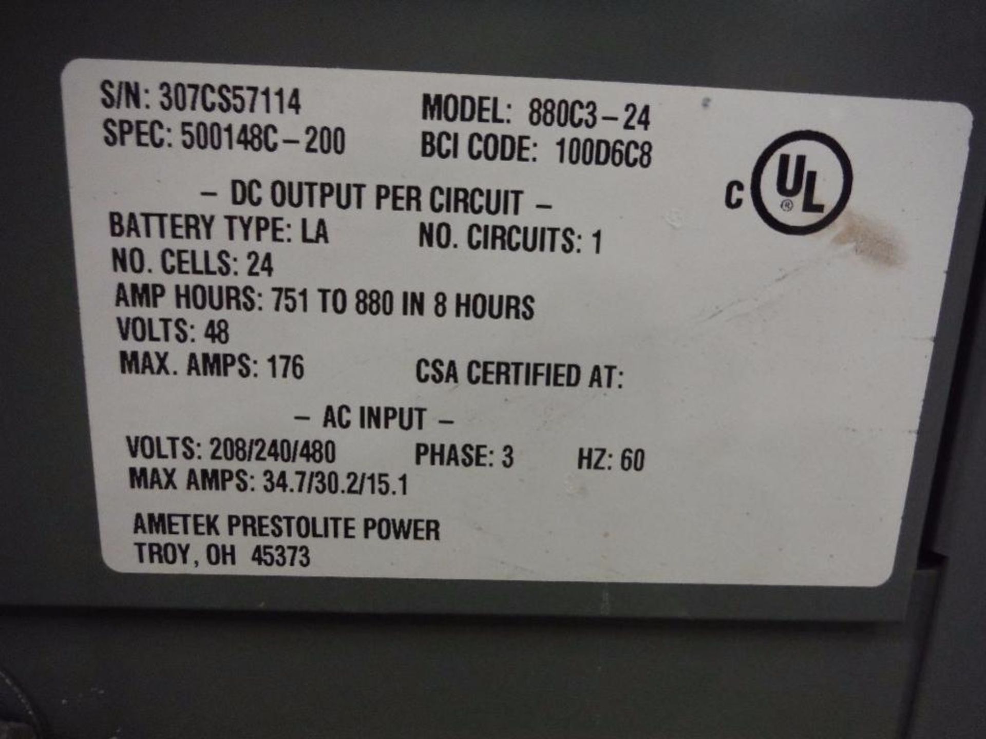 Prestolite power 48 volt accu-charger, Model 880C3-24, 208/240/480 volt input ** Rigging Fee: $ - Image 4 of 5