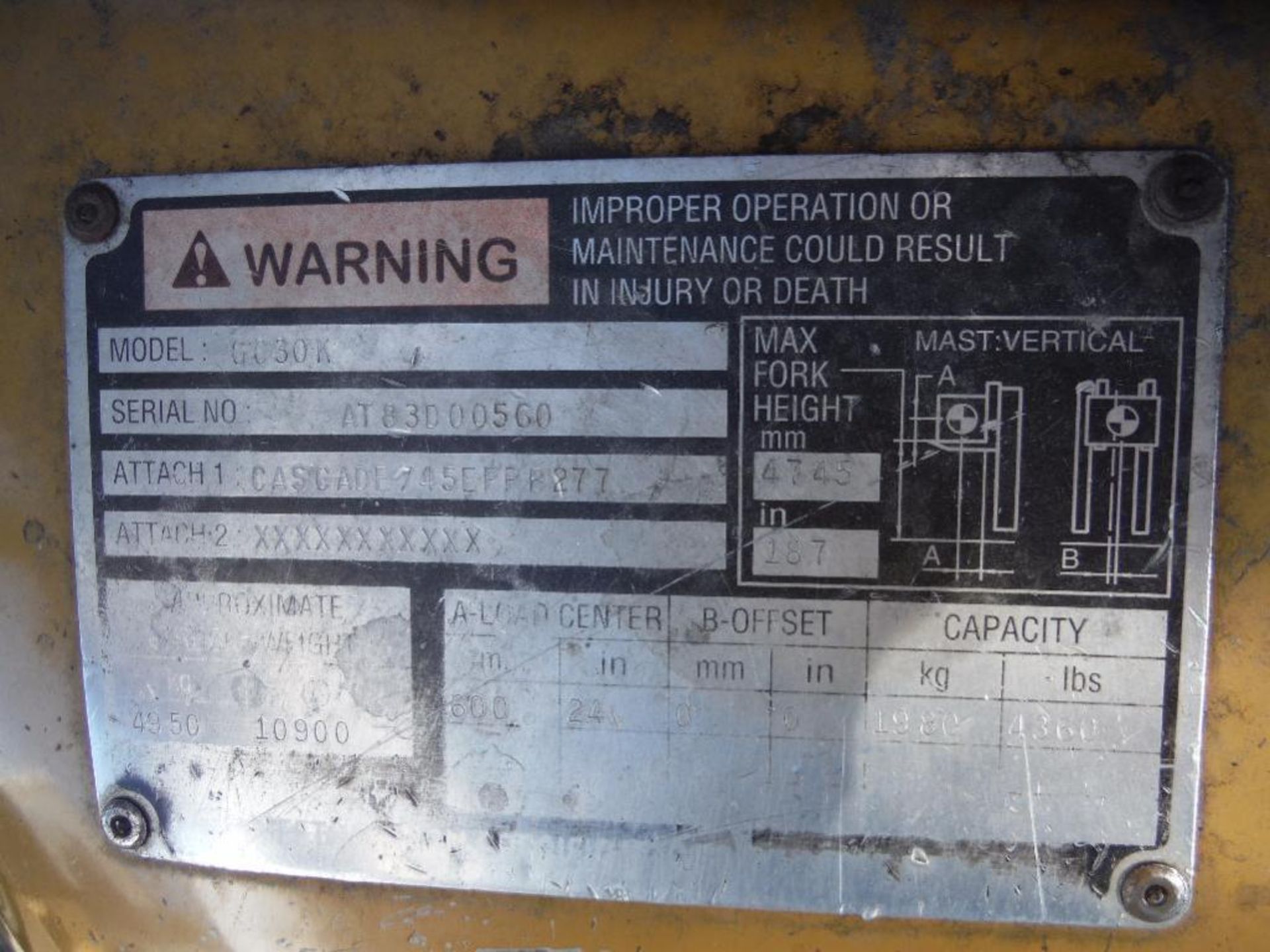 Caterpillar lp gas forklift, Model GC30K, SN AT83D00560, 4360 lb. capacity, 187 in. lift height, 3 - Image 5 of 7