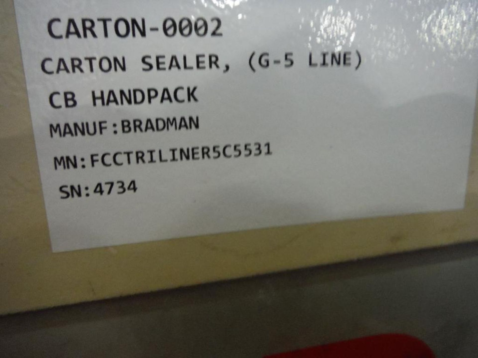 Bradman carton closer, Model FCC tri-liner 3 flap carton closer, SN 4734, with Nordson 2304 hot glue - Image 14 of 15