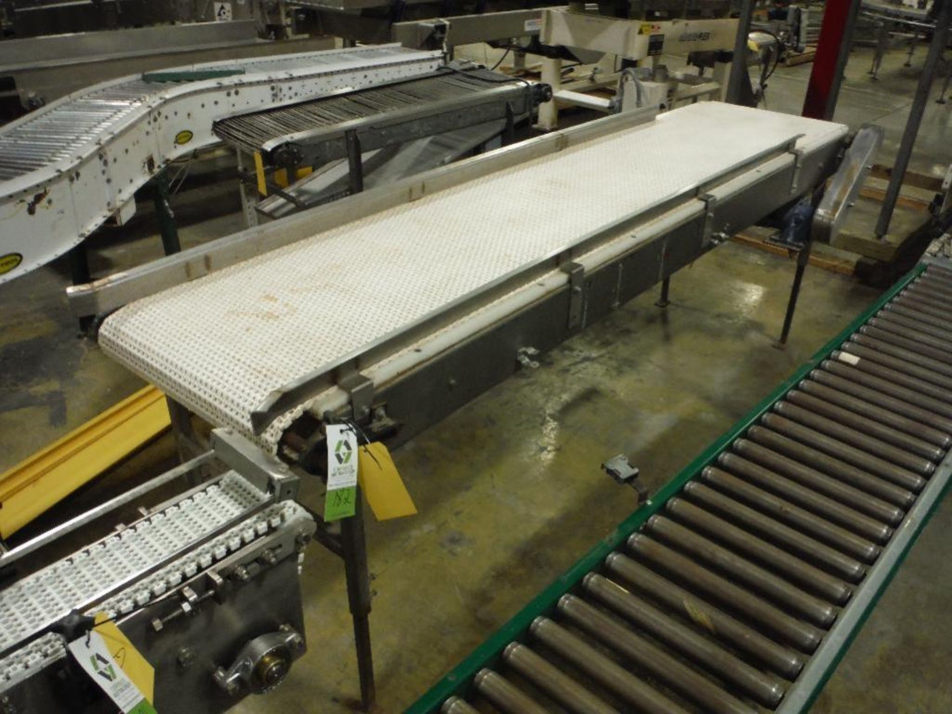 Belt conveyor, 112 in. long x 23 in. wide x 36 in. tall, motor and drive, adjustable legs, carbon st