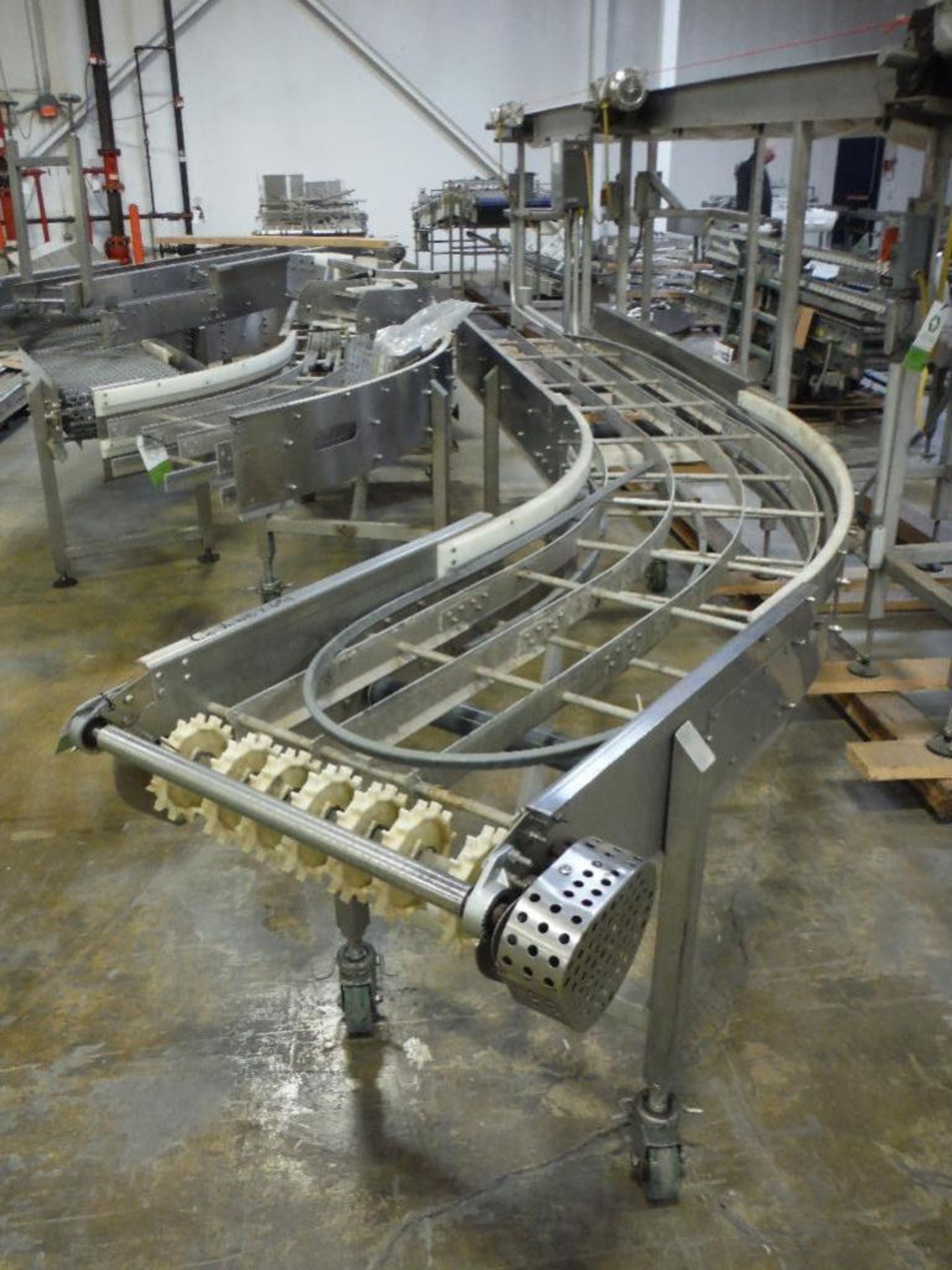 2 pieces of SS conveyor frame, 90 degree turn, motor and drive, missing belt, overall 260 in. long x - Image 3 of 6