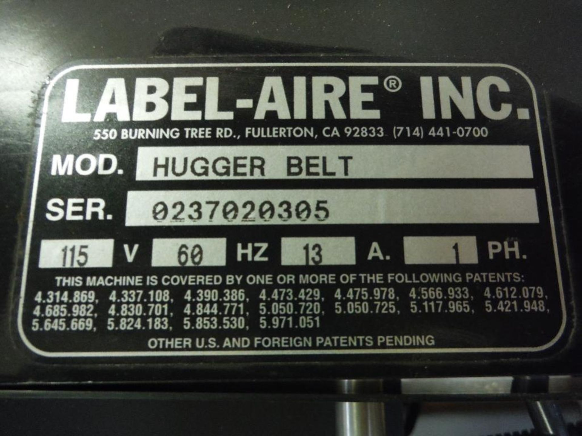 Unused Label-Aire labeler, Model 3115-CD, SN 023669, adjustable cart, hugger belt conveyor and contr - Image 6 of 11