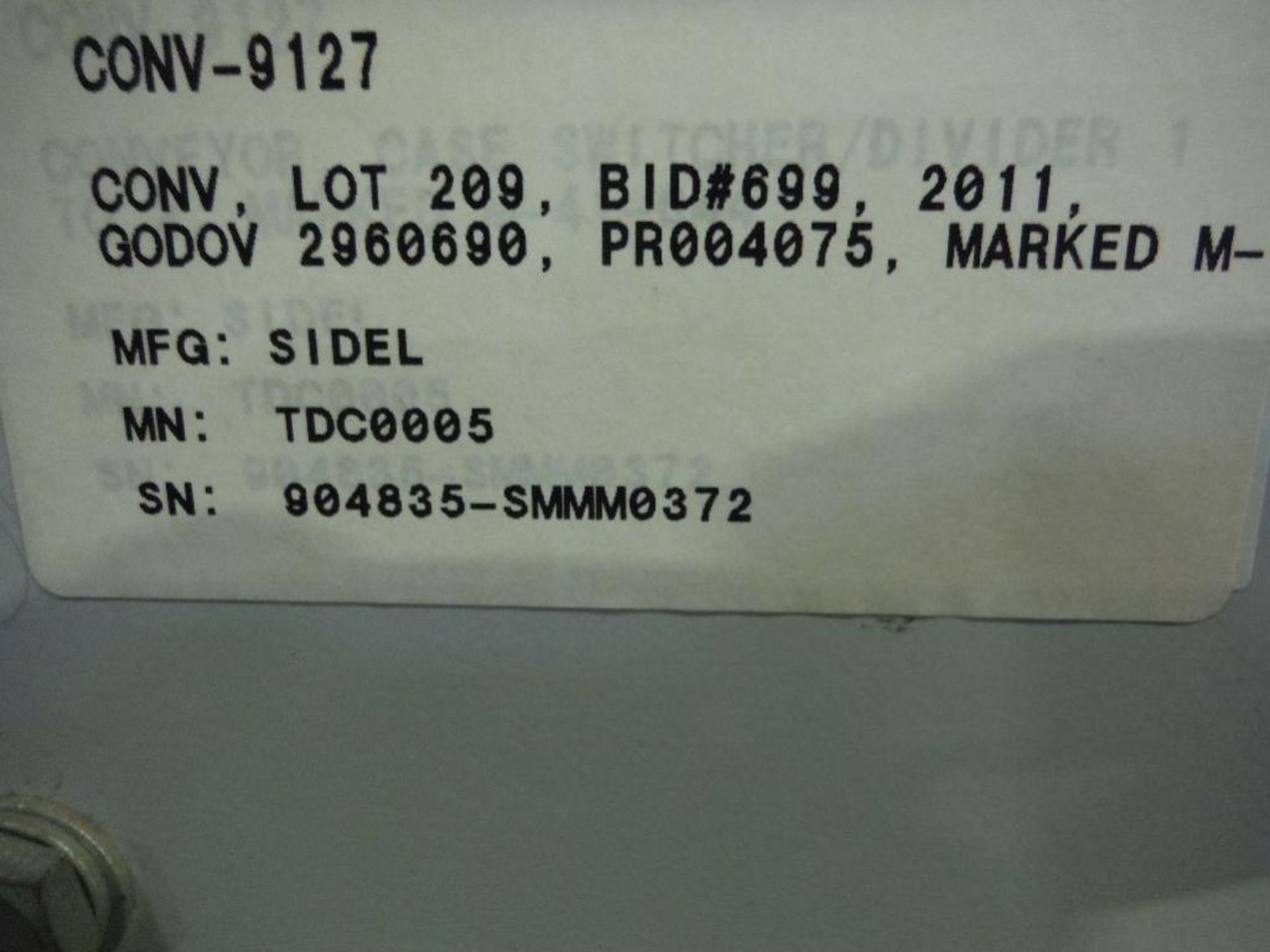 2007 Sidel divider conveyor, Model TDC_0005, SN 904835-SMMM0327, 98 in. long x 66 in. wide, with con - Image 12 of 12