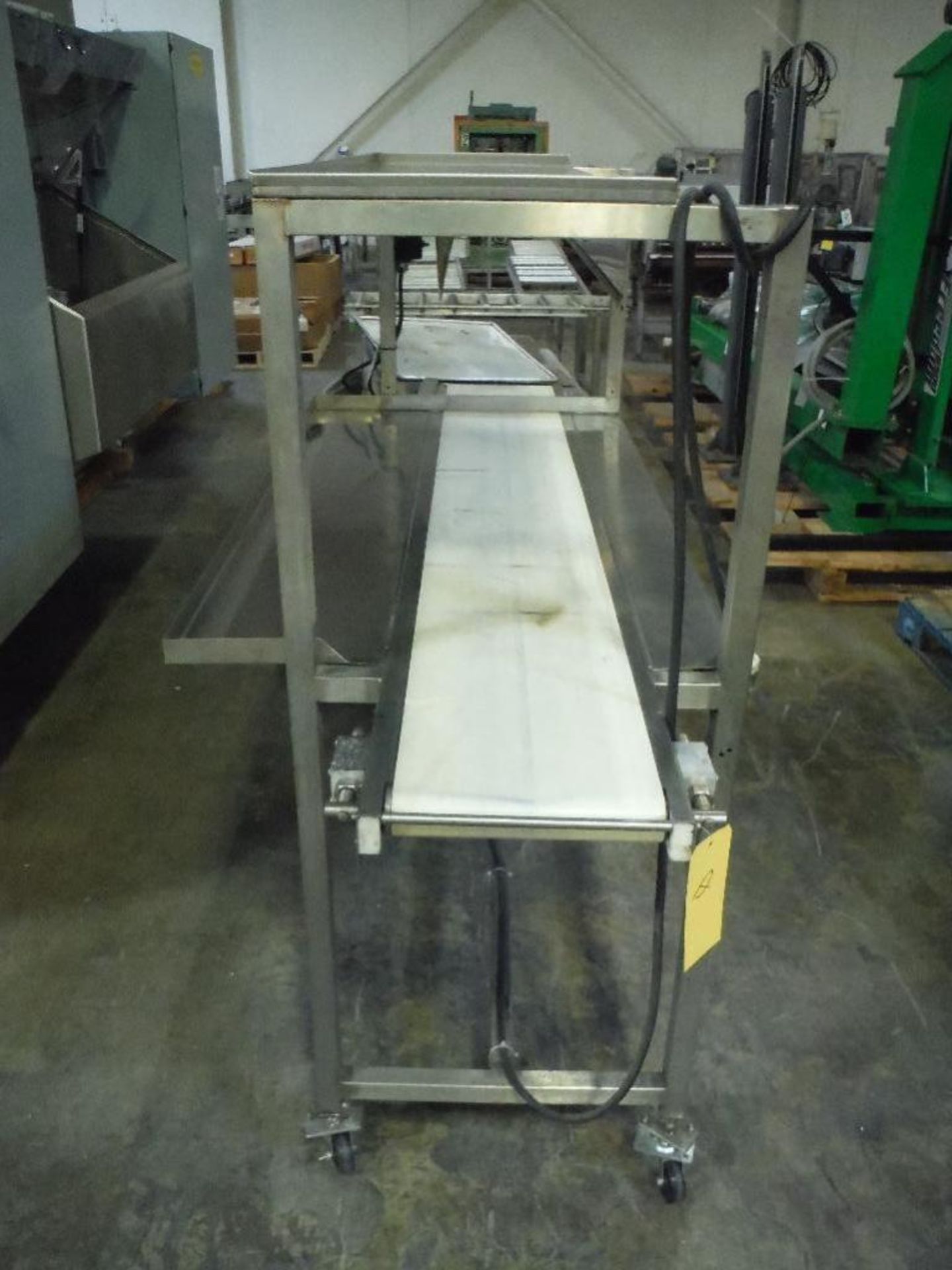 SS conveyor, 82 in. long x 12 in. wide x 38 in. tall, inspection light, motor and drive, on casters - Image 2 of 6
