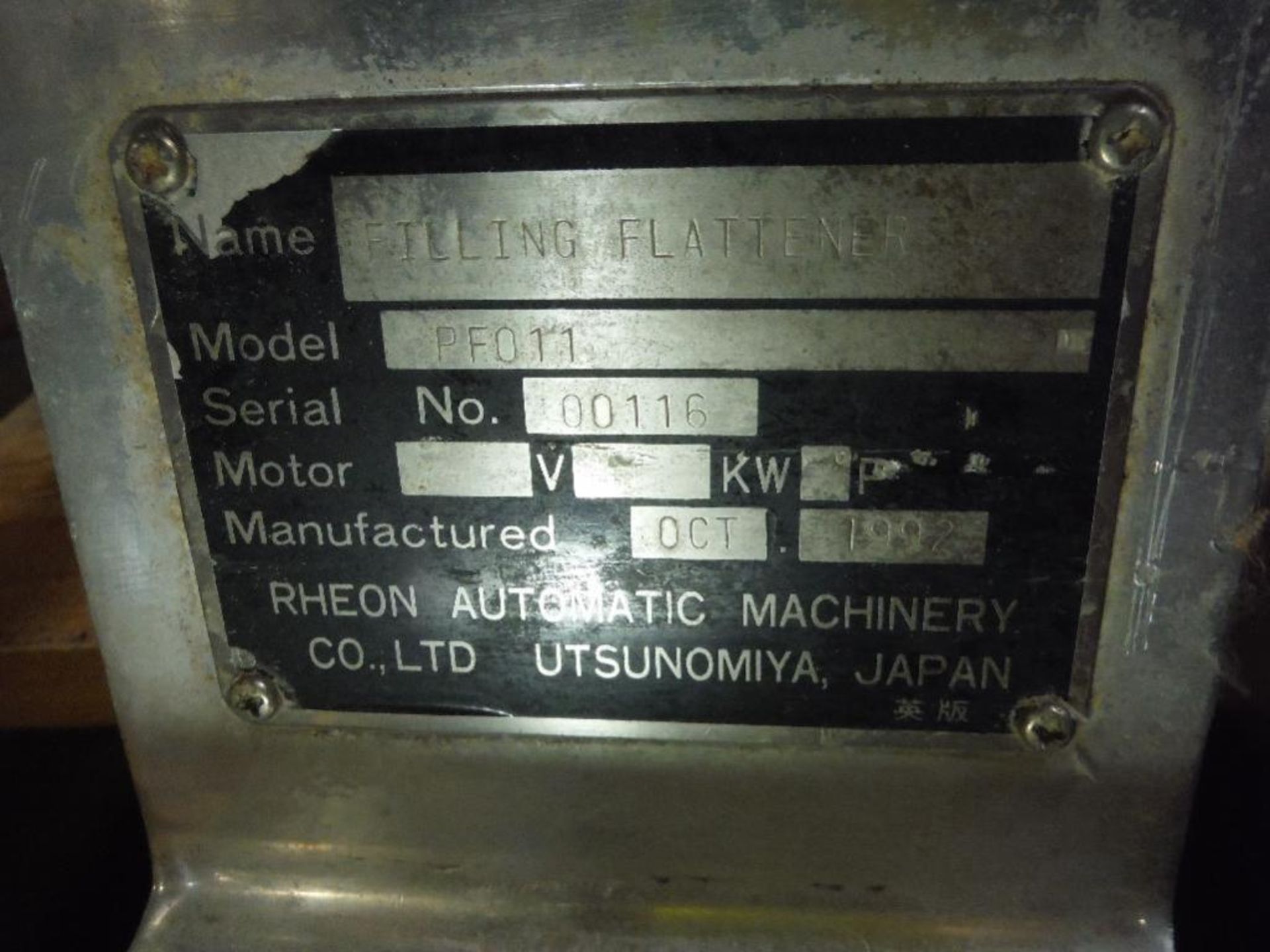 Rheon filling flattener, Model PF011, SN 00116, flour sweeper, water dripping device, and misc. part - Image 5 of 16