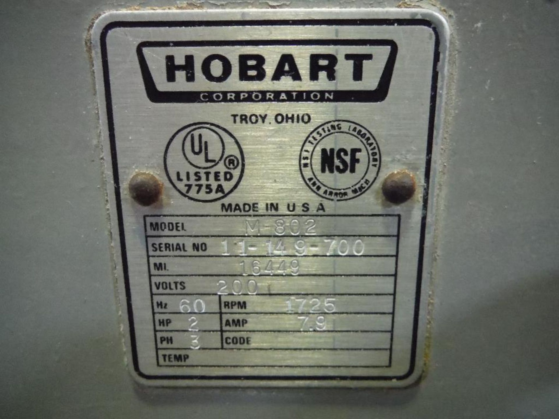 Hobart 80 qt mixer, Model M-802, SN 11-149-700, with paddle and SS bowl, bowl dolly ** Rigging Fee: - Image 7 of 8