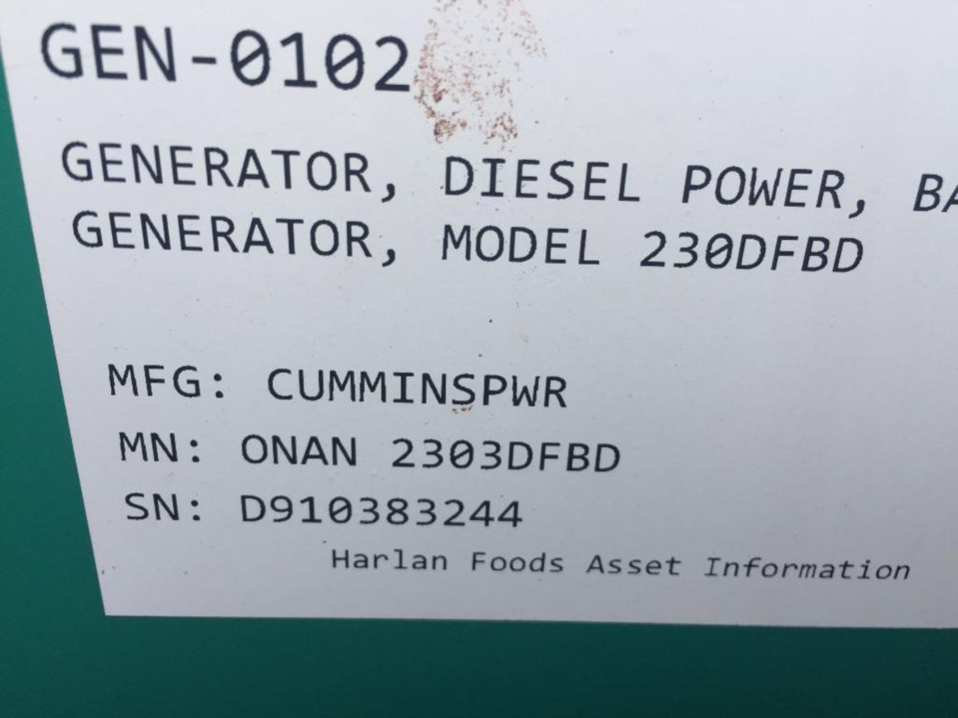 Cummins Onan diesel generator, Model 230DFBD, SN D910383244, SPEC 51299F, 223 hours, 1991 Cummins di - Image 13 of 18