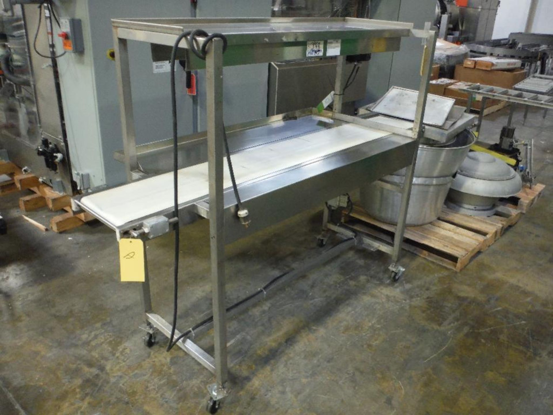 SS conveyor, 82 in. long x 12 in. wide x 38 in. tall, inspection light, motor and drive, on casters