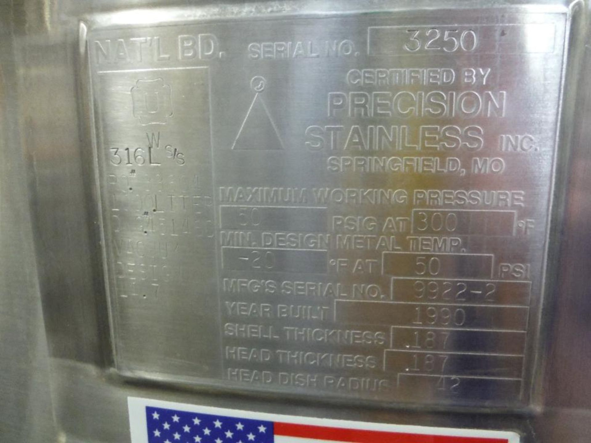 1990 Precision vacuum kettle, SN 9922-2, 316 SS, 1000 L capacity, insulated, CIP ball, 45 in. dia x - Image 5 of 8