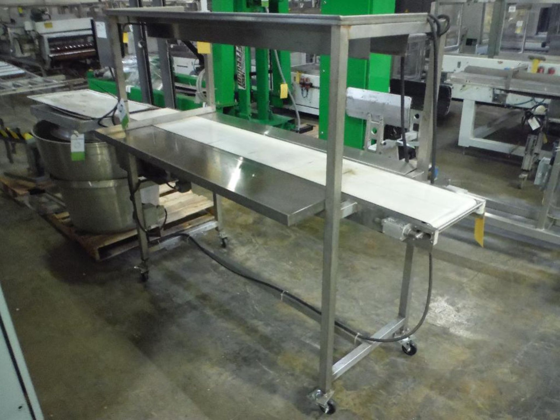 SS conveyor, 82 in. long x 12 in. wide x 38 in. tall, inspection light, motor and drive, on casters - Image 3 of 6