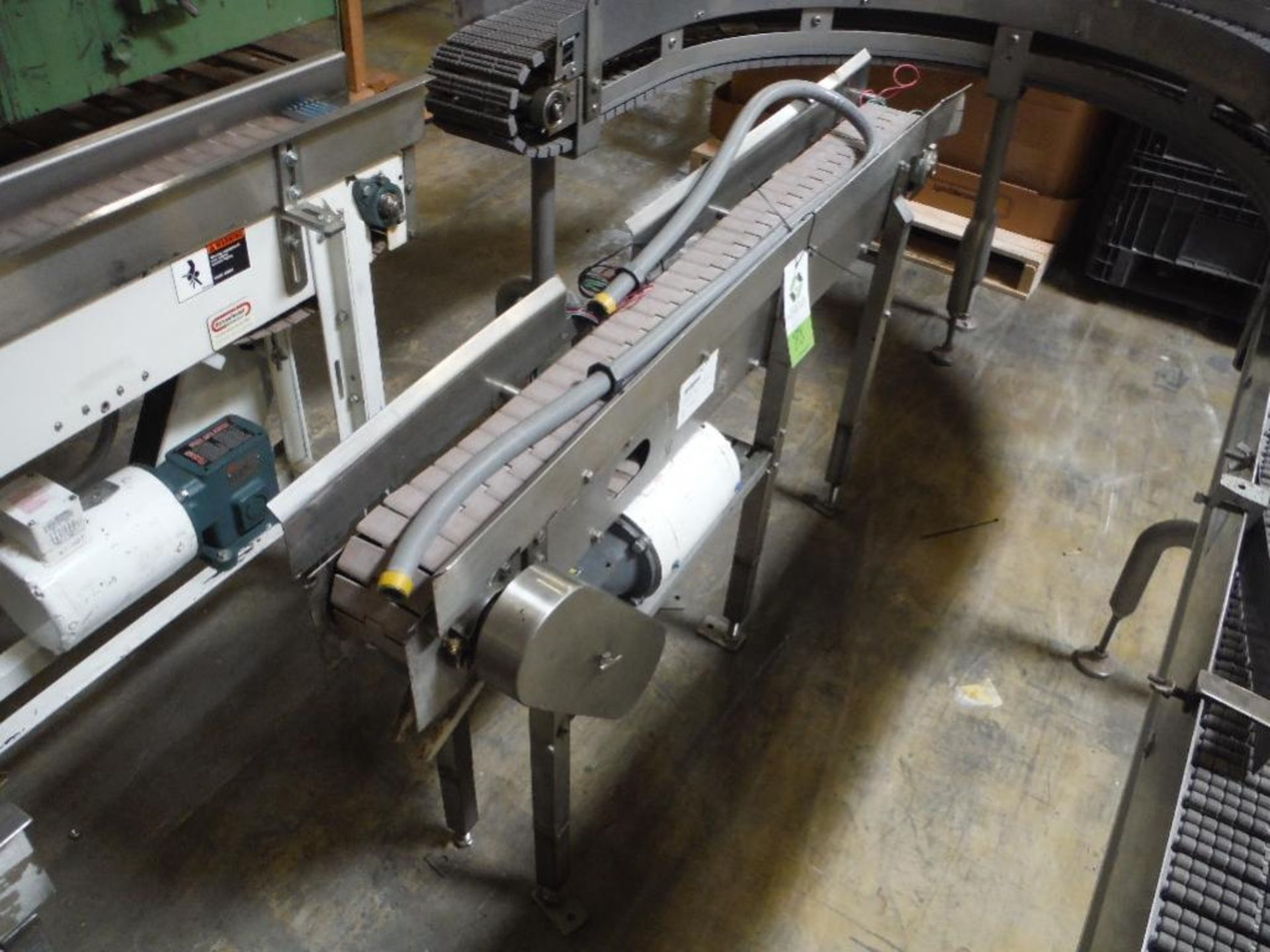 SS conveyor, plastic table top belt, 54 in. long x 4.5 in. wide x 35 in. tall, motor and drive ** Ri