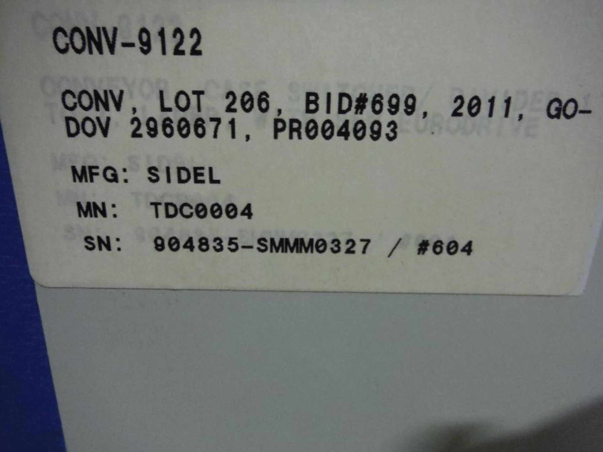 2007 Sidel divider conveyor, Model TDC_0004, SN 904835-SMMM0327, 98 in. long x 66 in. wide, with con - Image 8 of 8