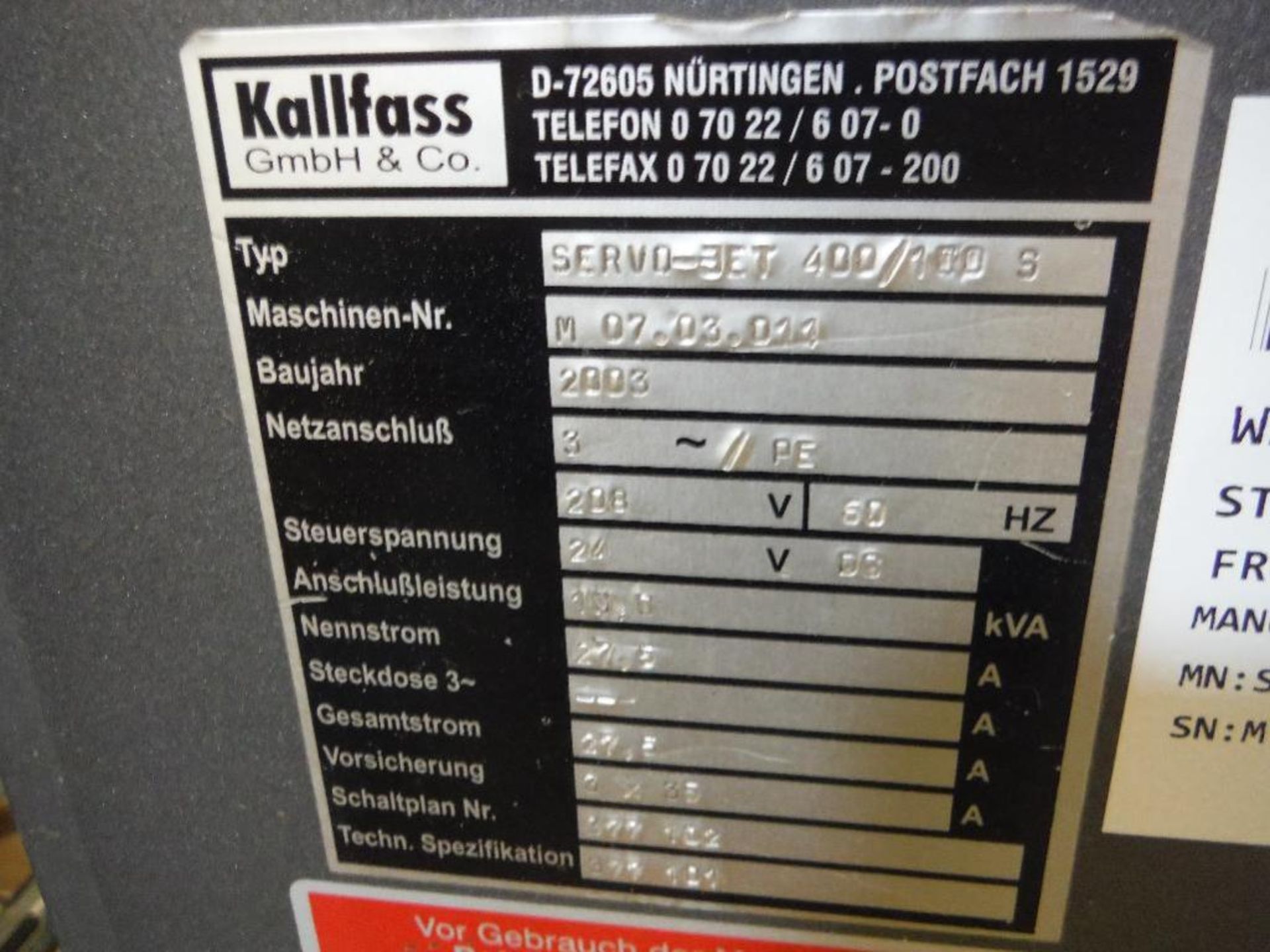 2003 Kalfass overwrapper, Model servo-Jet_400/100_S, SN M_07.03.011, Simatic touch screen ** Rigging - Image 12 of 15