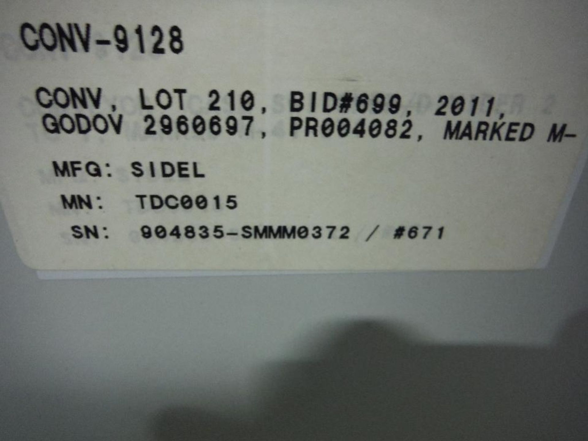 2007 Sidel combiner conveyor, Model TDC0015, SN 904835-SMMM0327, 98 in. long x 66 in. wide, with con - Image 9 of 9
