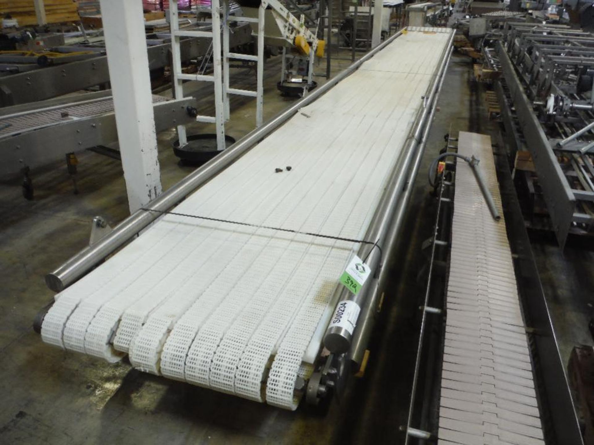 SS 10 lane conveyor, 39 ft. long x 3.25 in. wide each x 24 in. tall, motor and drive, suspended conv