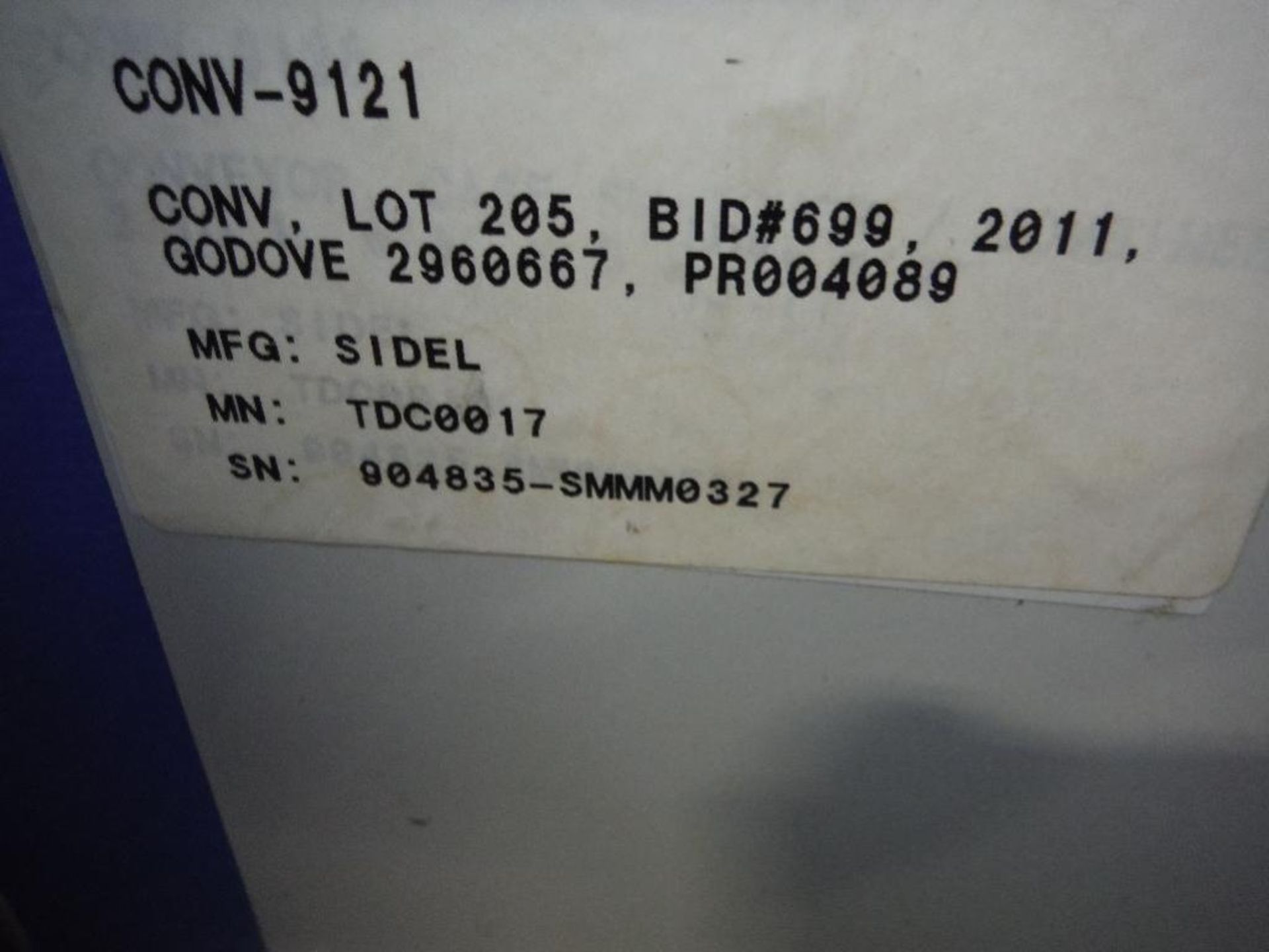 2007 Sidel combiner conveyor, Model TDC0017, SN 904835-SMMM0327, 98 in. long x 66 in. wide, with con - Image 13 of 13