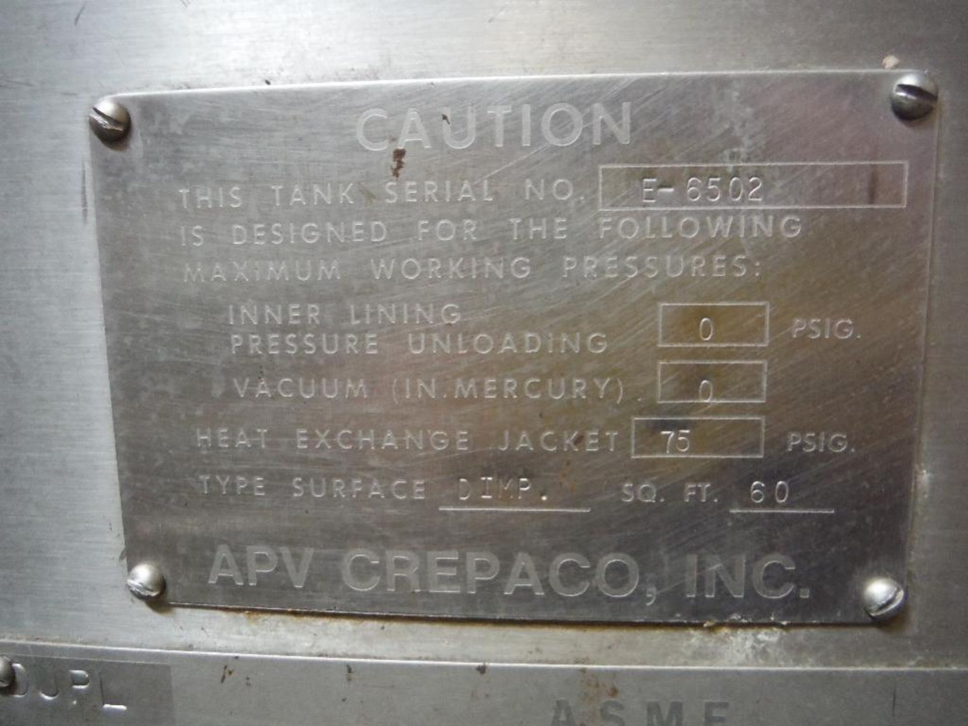 1987 APV 600 gallon jacketed kettle, SN E-6502, single motion agitation with baffle, full sweep, dim - Image 7 of 14