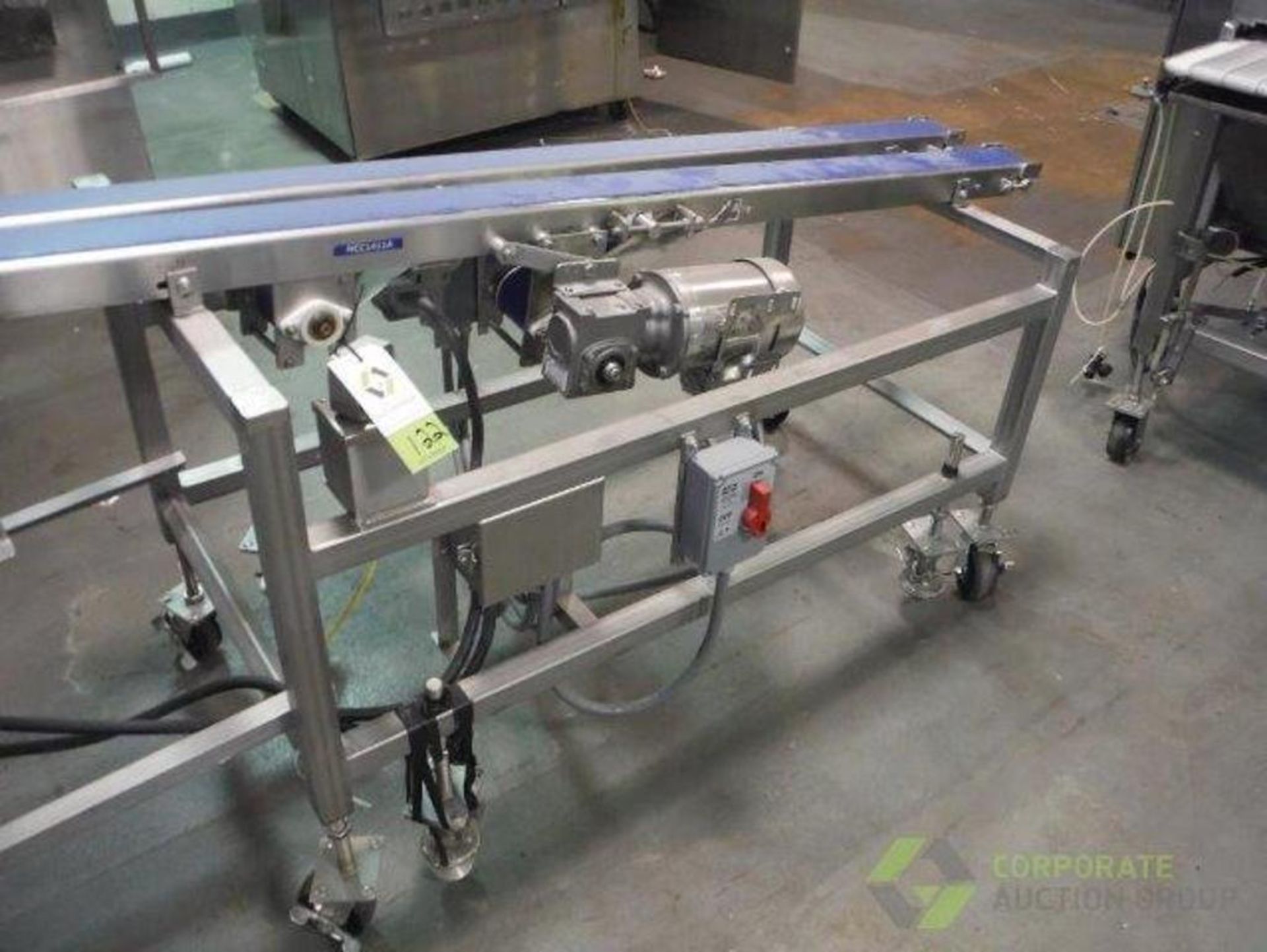 BMI dual lane belt conveyor, blue sanitary belts, 80 in. long x 3.5 in. wide x 33 in. infeed x46 in. - Image 5 of 10