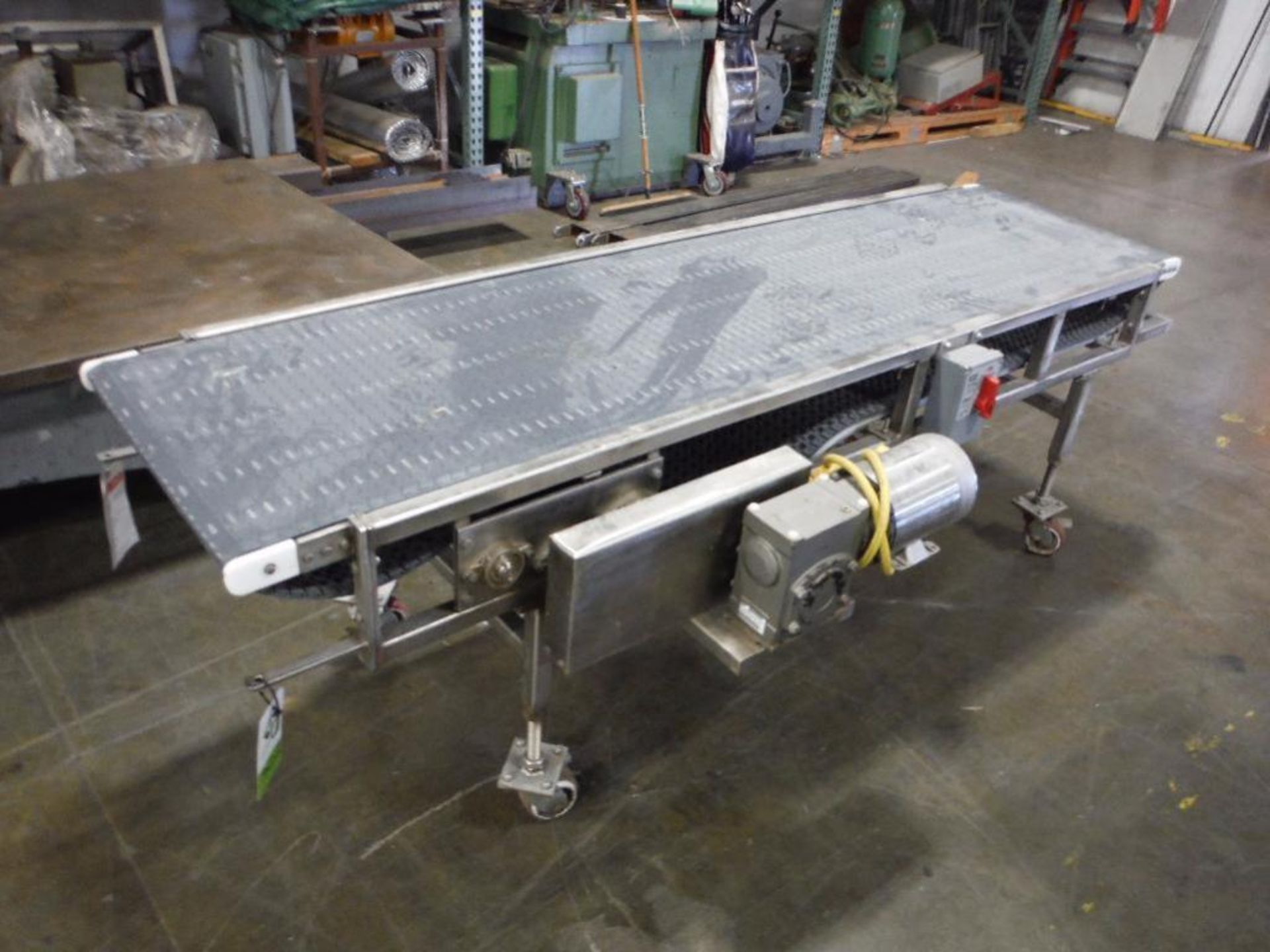 SS conveyor, 96 in. long x 24 in. wide x 31 in. tall, gray plastic belt, SS motor and drive, SS fram