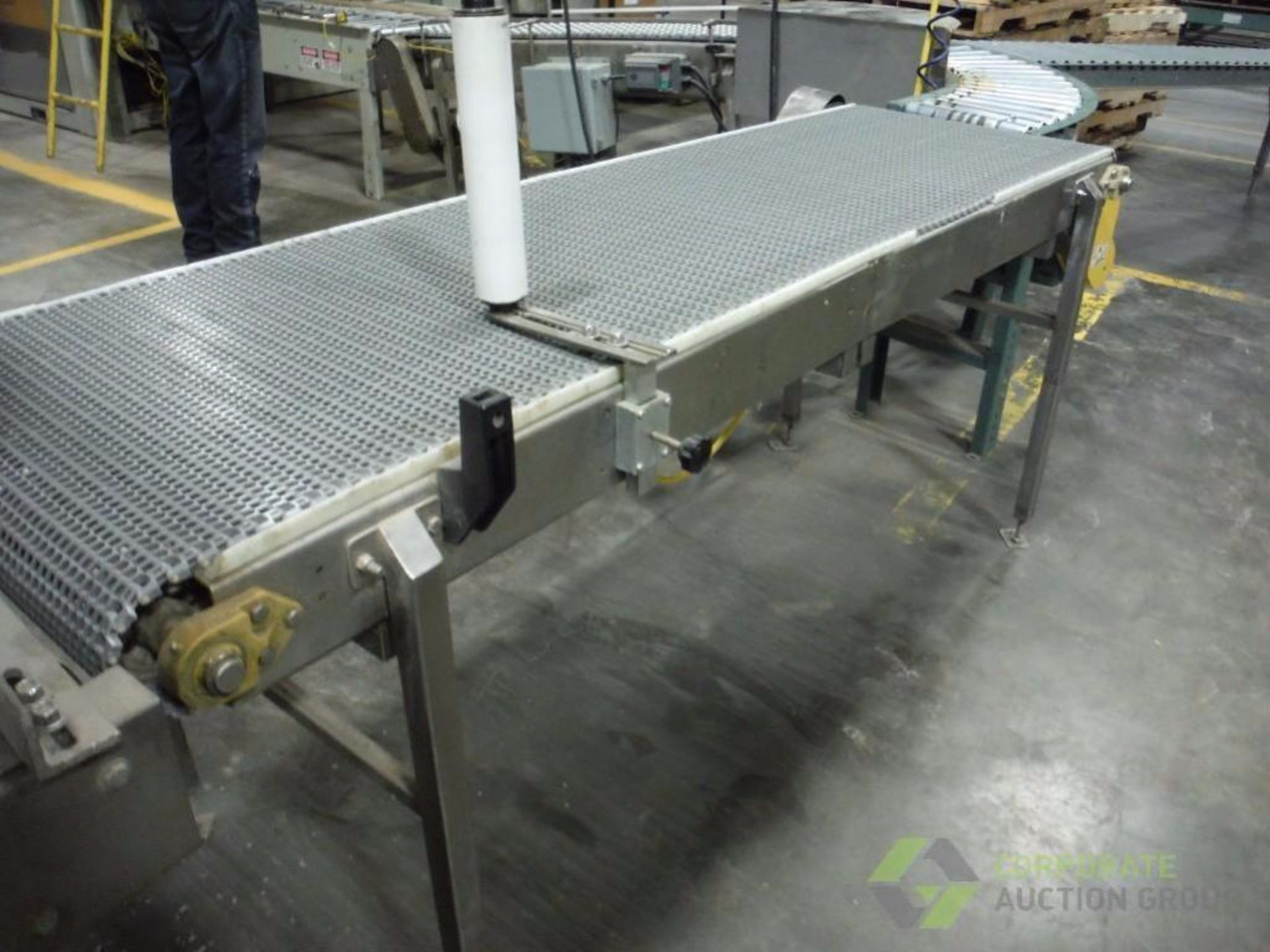 SS conveyor, plastic interlock belt, 85 in. long x 24 in. wide, SS washdown motor and drive ** Riggi