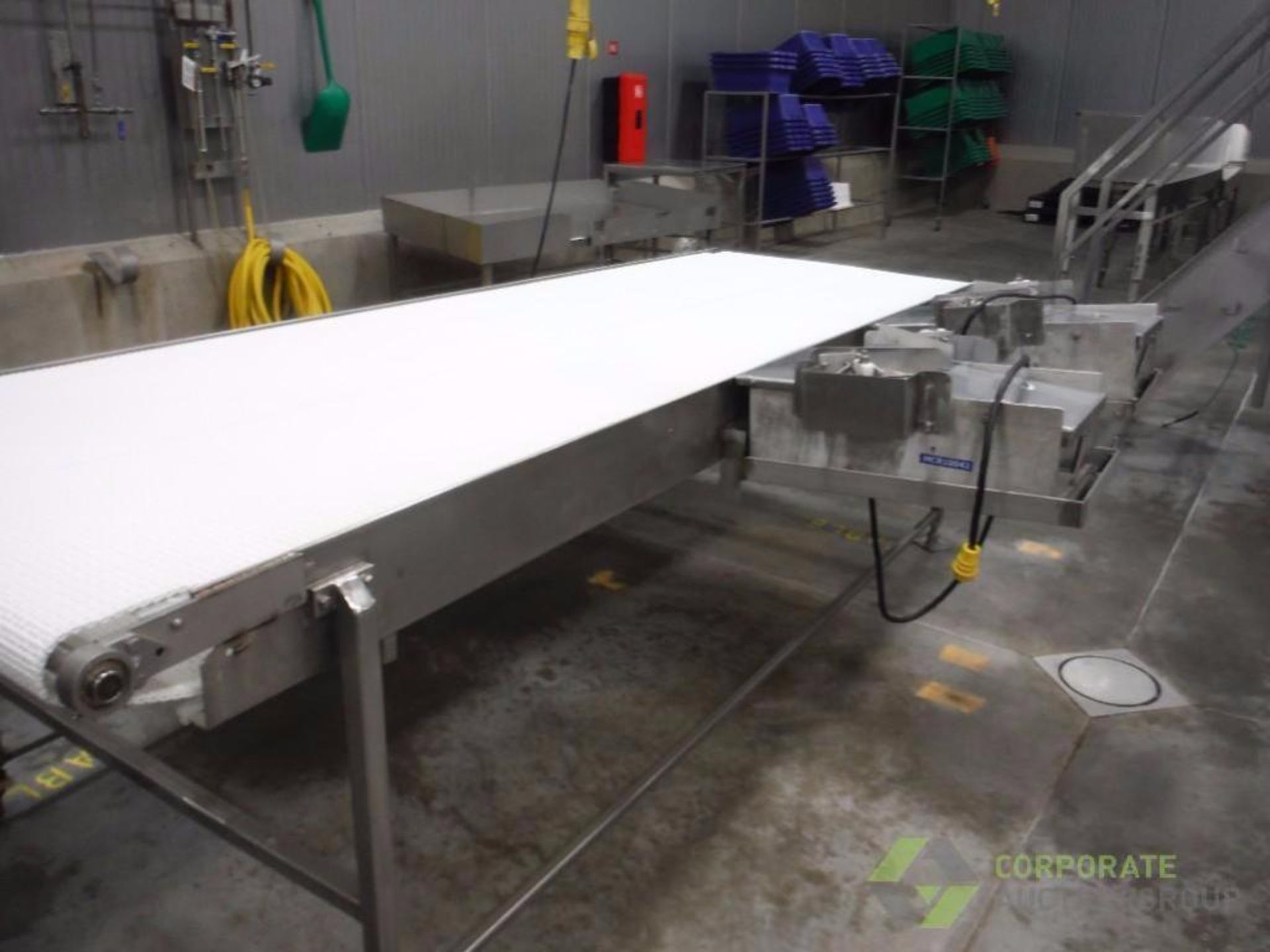 SS conveyor, white plastic interlock belt, 129 in. long x 38 in. wide, with (2) Don Williams baggers - Image 2 of 9