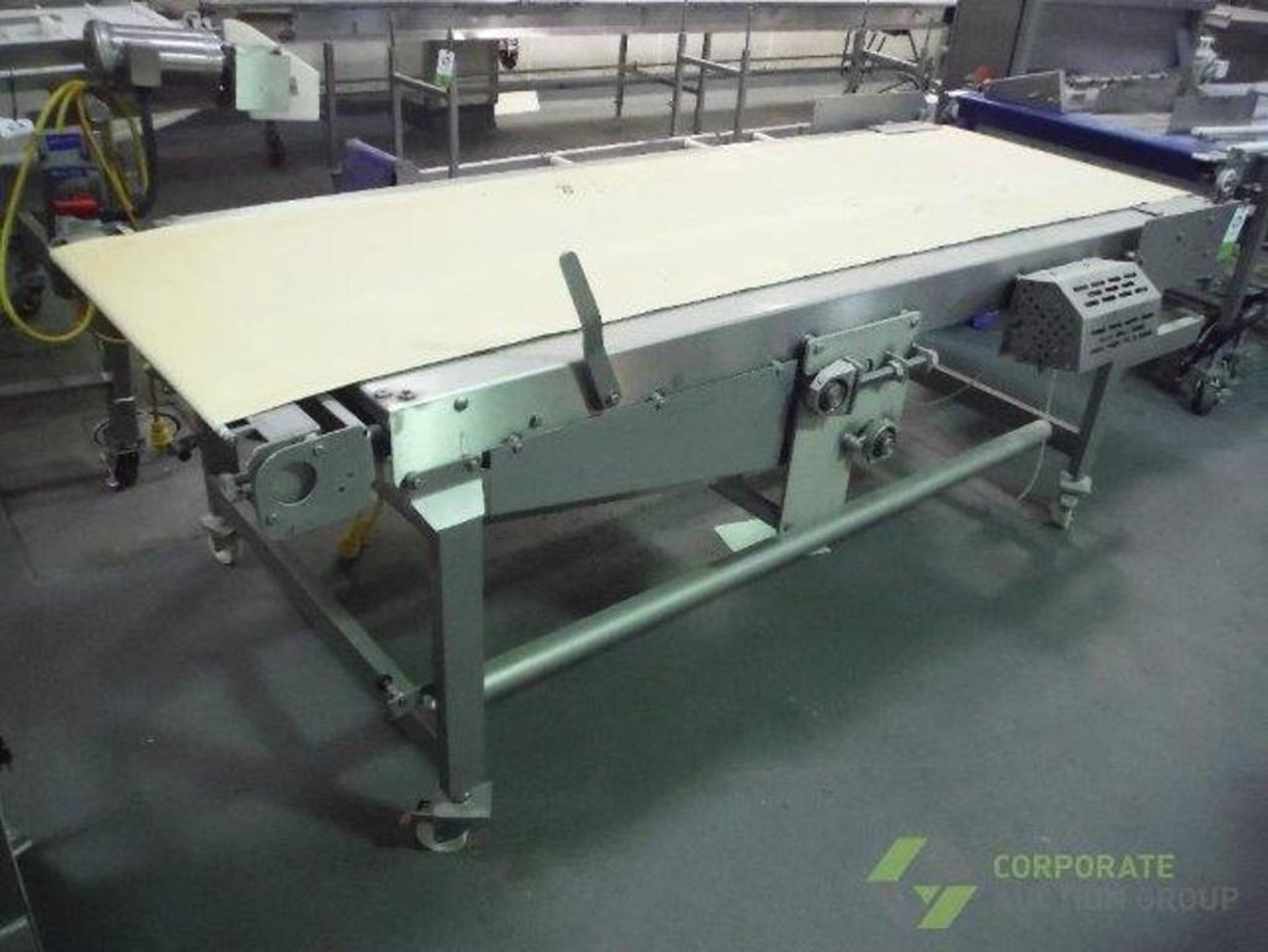 Belt conveyor, white sanitary belt, 116 in. long x 36 in. wide x 38 in. tall, motor and drive, SS fr - Image 3 of 10