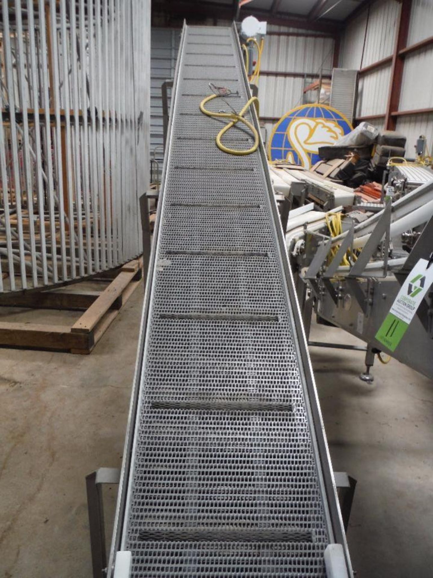 SS incline conveyor, grey plastic interloc belt, 212 in. long x 16 in. wide x 24 in. on low end and - Image 2 of 4