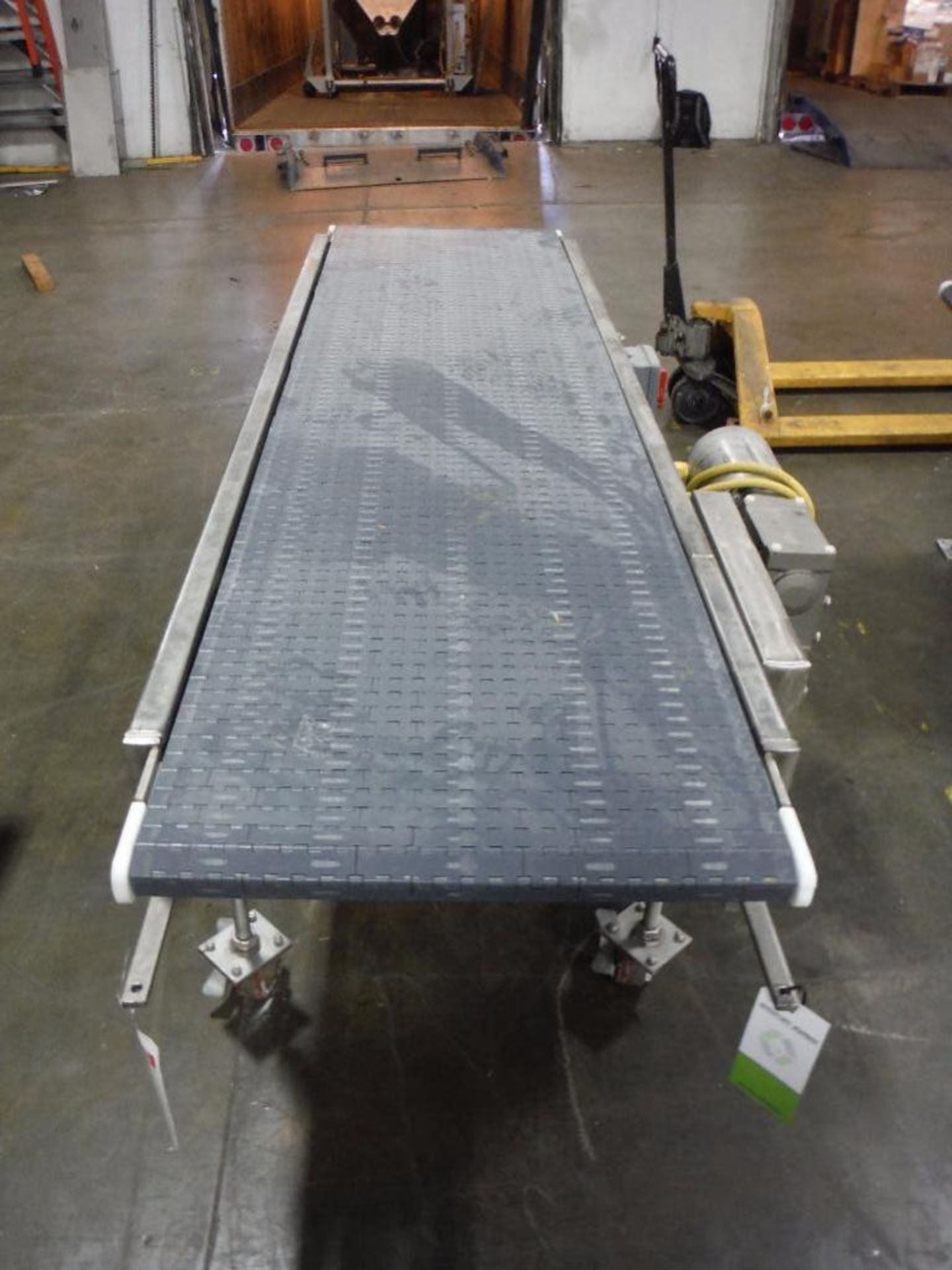SS conveyor, 96 in. long x 24 in. wide x 31 in. tall, gray plastic belt, SS motor and drive, SS fram - Image 3 of 7