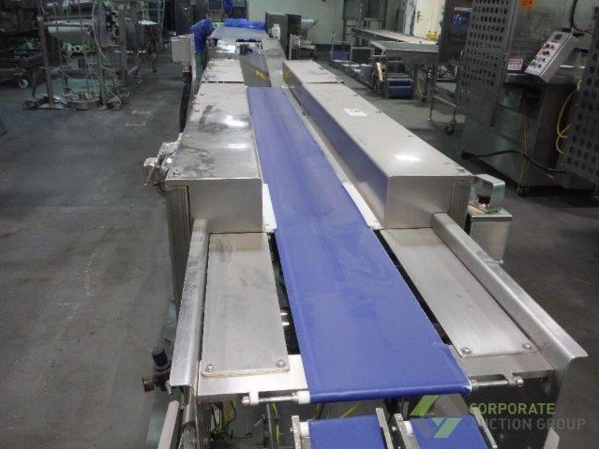 BMI dual lane belt conveyor, blue sanitary belts, 80 in. long x 3.5 in. wide x 33 in. infeed x46 in. - Image 2 of 10