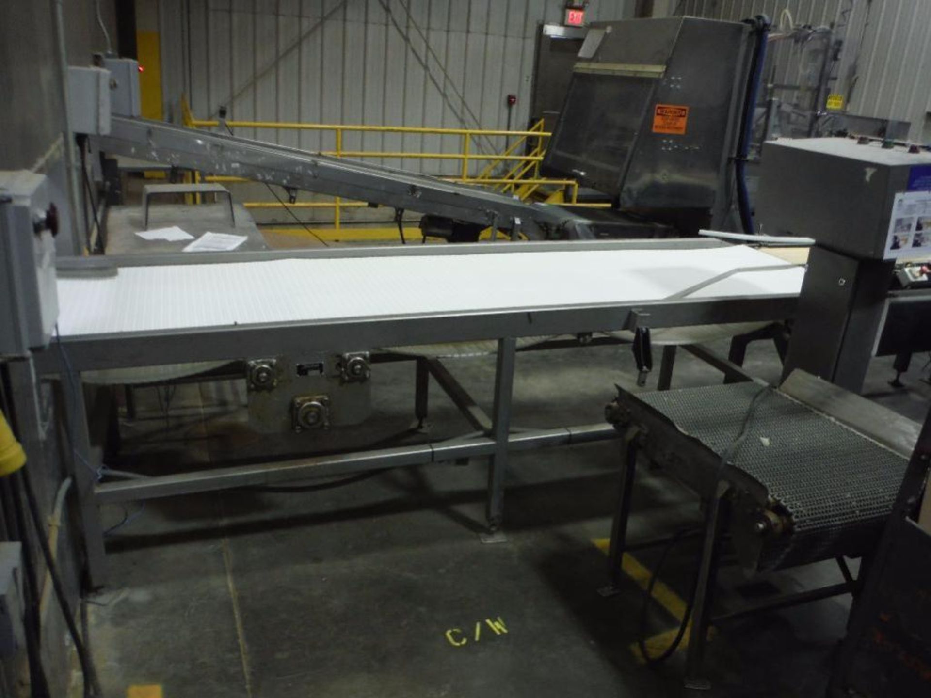 Kofab SS conveyor, white plastic interlock belt, 16 ft. long x 36 in. wide, Model SD-92-5, motor and