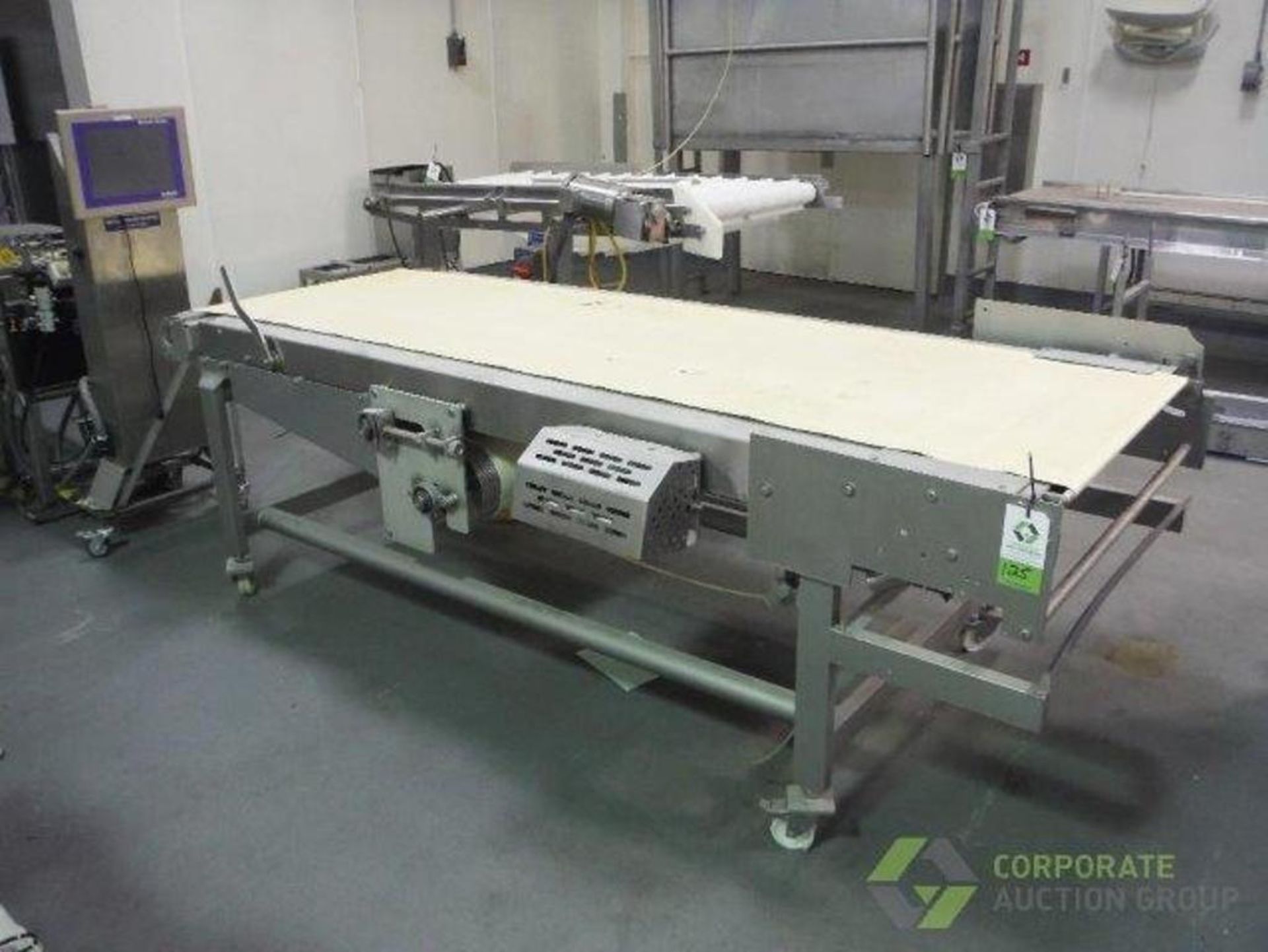 Belt conveyor, white sanitary belt, 116 in. long x 36 in. wide x 38 in. tall, motor and drive, SS fr